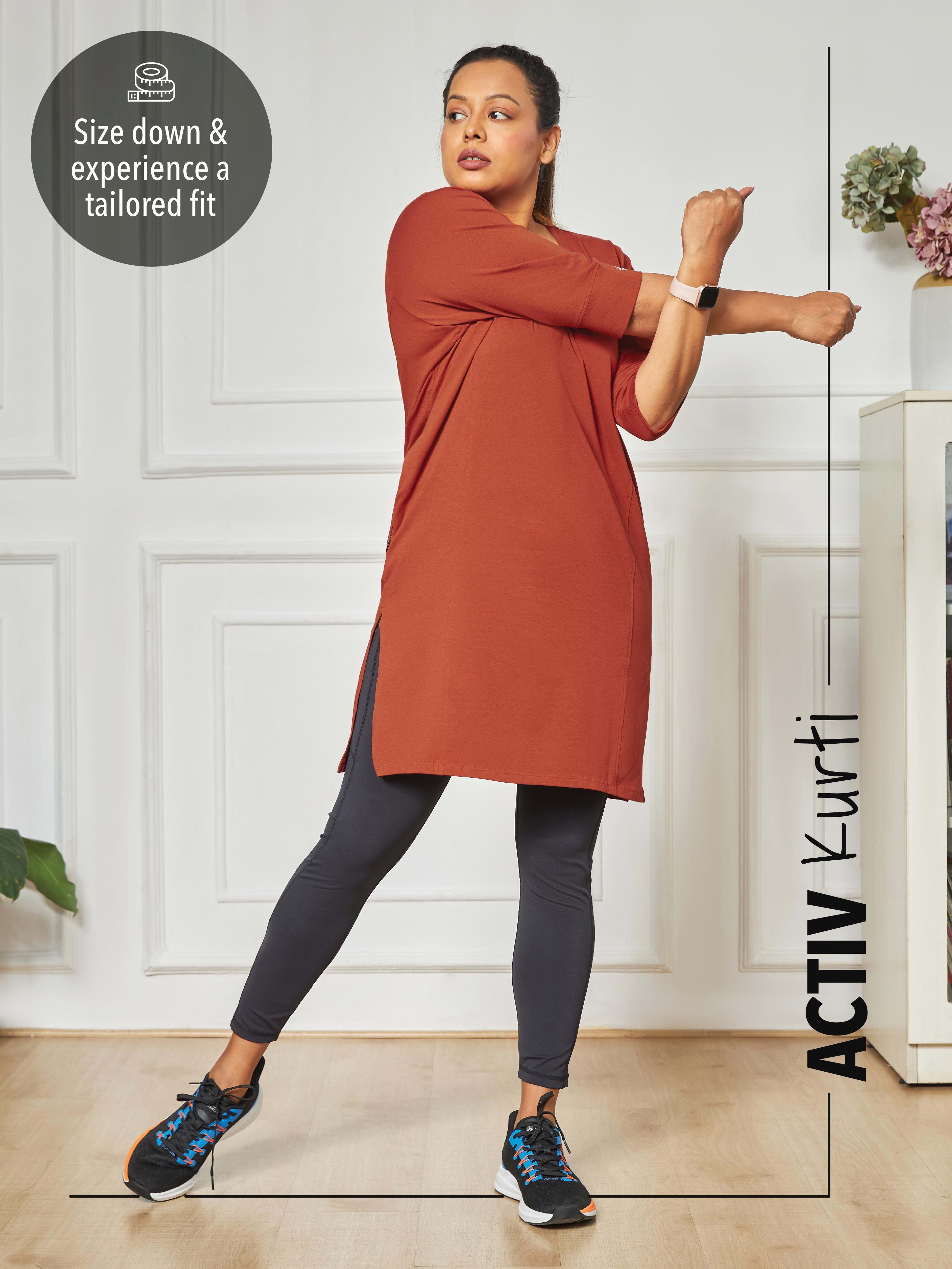 Solid Activ-Kurti with Side Pocket For Women - Rust