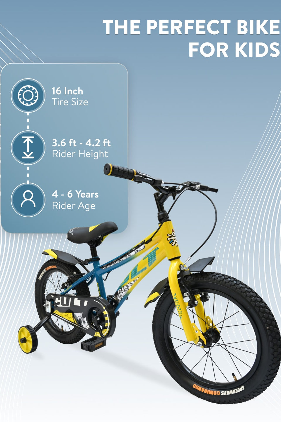 Throne 16T Steel Kids Bike with Rigid Fork, Single Wall Rim, V brakes, Chain Guard and Training Wheel, Yellow Blue