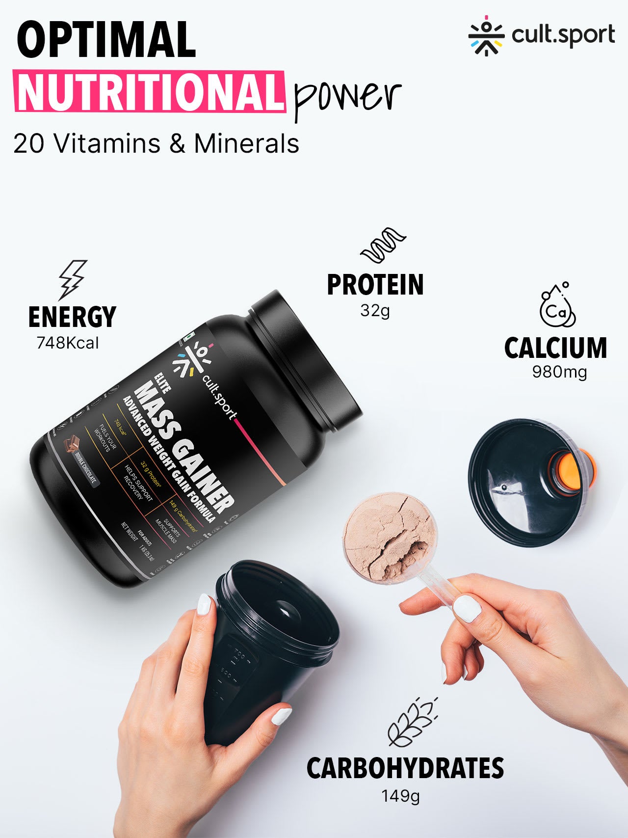 Cultsport Whey Mass Gainer | 20 Vital Vitamins & Minerals | Chocolate | Whey Protein Concentrate | Soy-Free | Gluten-Free | 0 Colesterol | Prebiotic Fiber