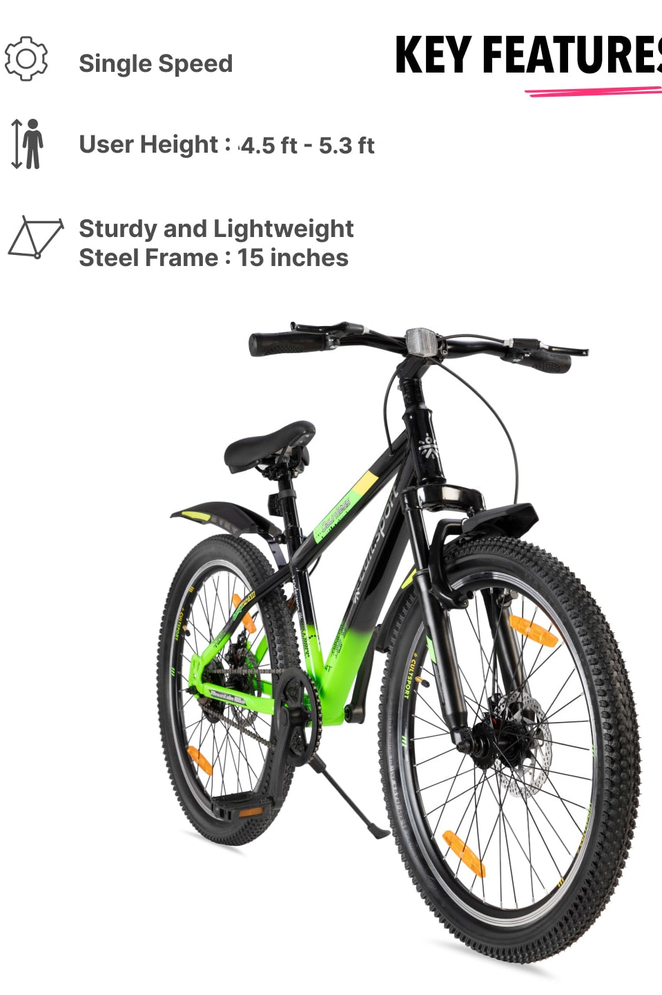 Dauntless24TGreen Steel Single Speed 24 inch Mountain Cycle, Front Suspension, Double Wall Rim and Dual Disc Brake