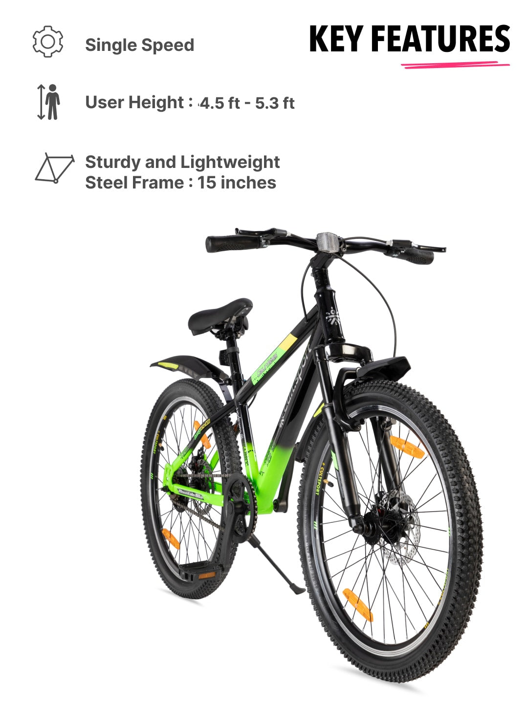 Dauntless24TGreen Steel Single Speed 24 inch Mountain Cycle, Front Suspension, Double Wall Rim and Dual Disc Brake