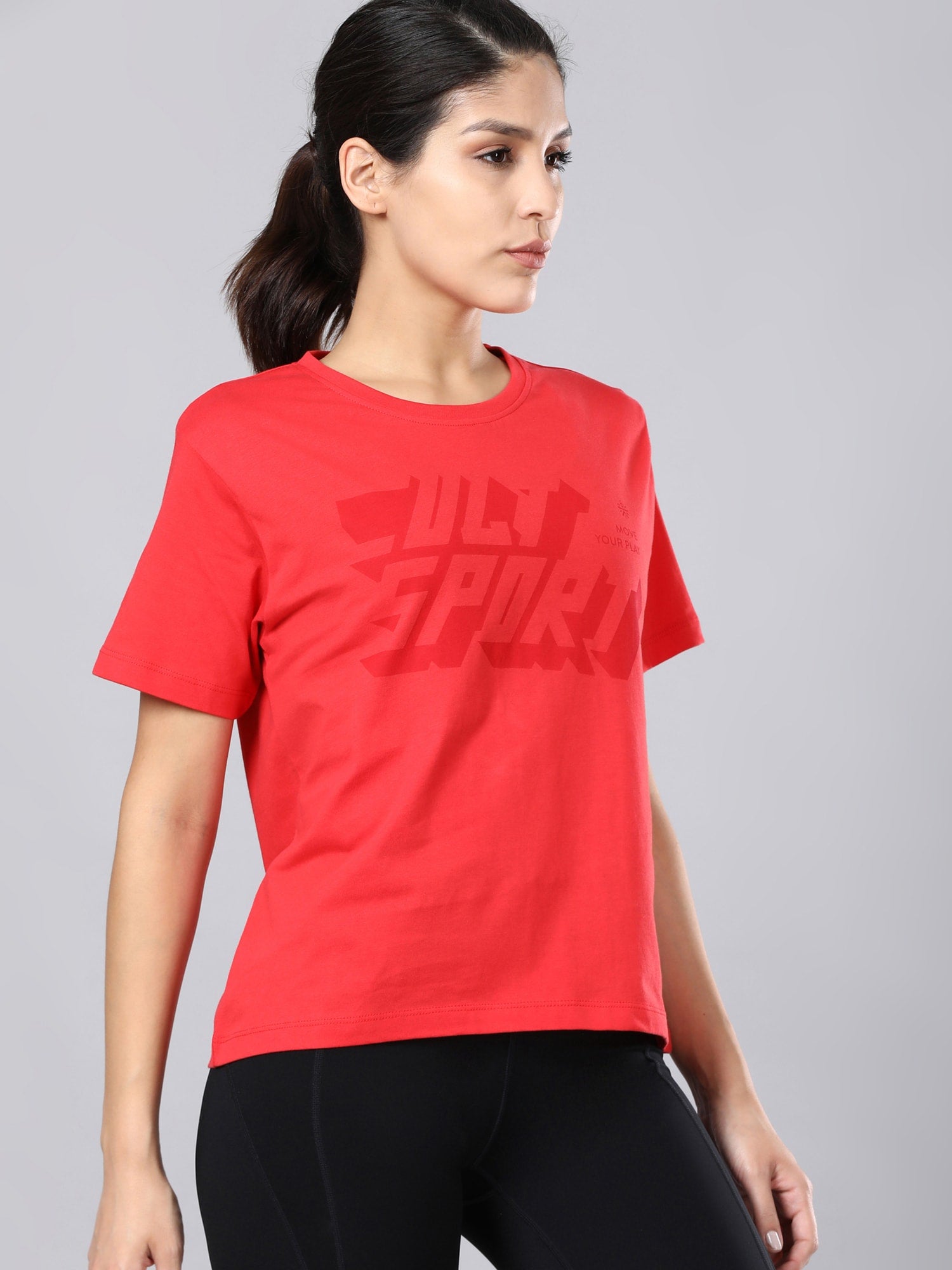 Flydry Cotton Solid Red Cropped Workout Tee