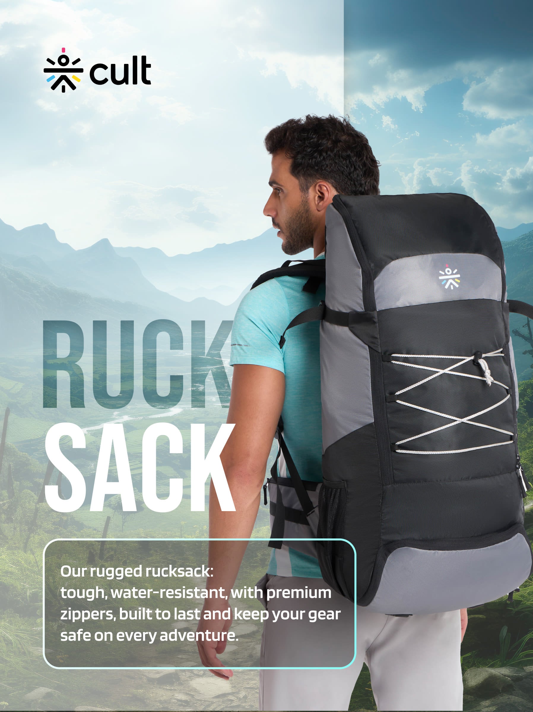 cult 65 Litre Travel Backpack Hiking Trekking Bag Camping Rucksack with Water Proof Rain Cover, Shoe Compartment Grey 