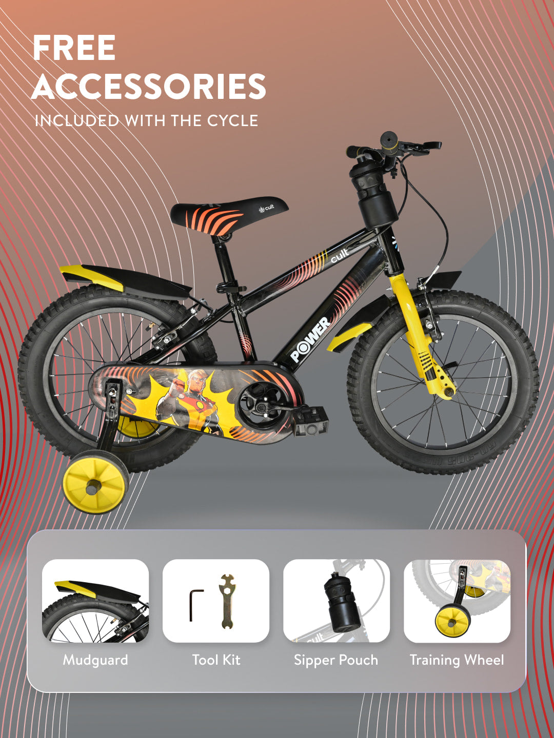 Power 16T Black Steel Kids Bike with Single Wall Rim, Rigid Fork and Free Trainer Sessions and Cycling Event