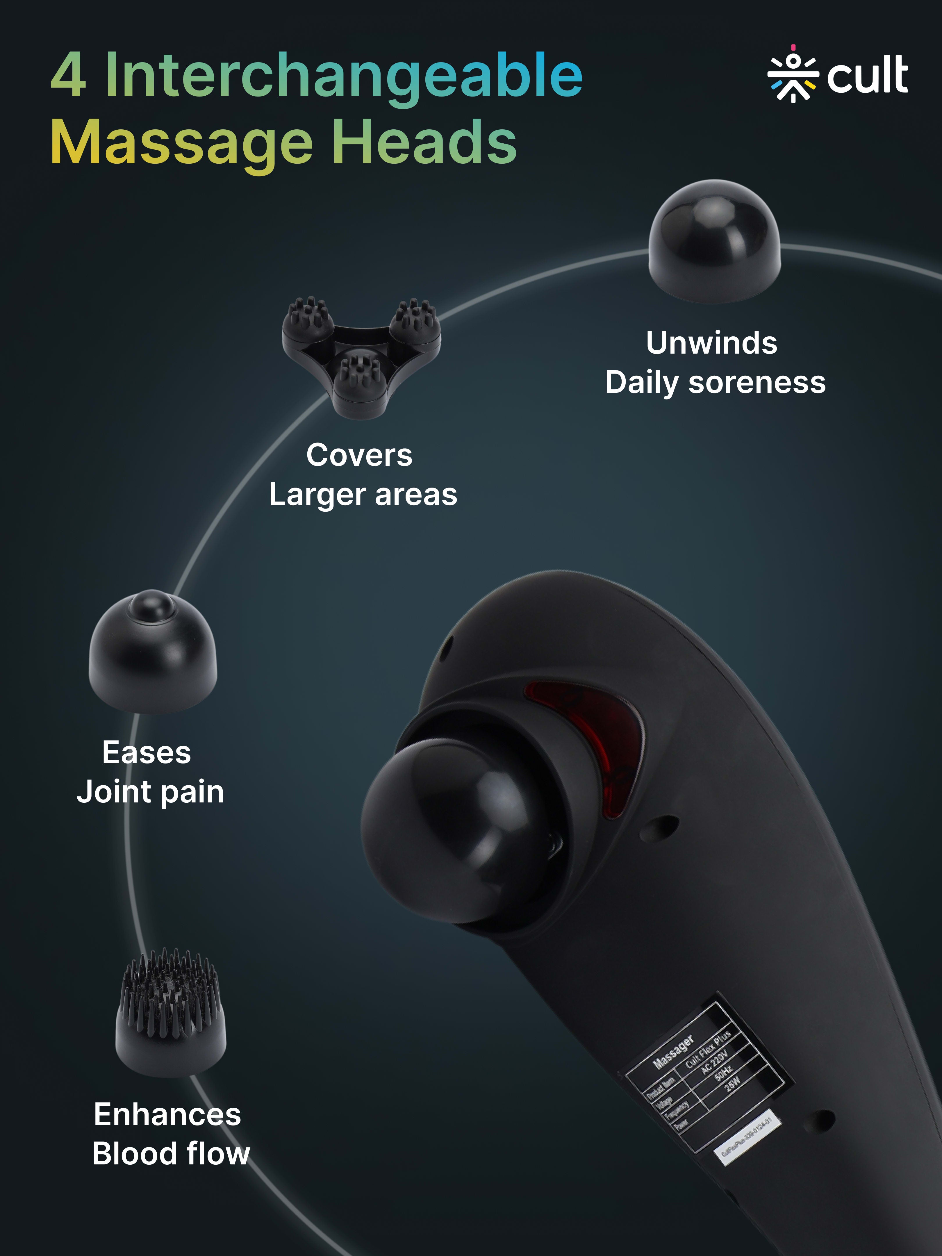 Cult Flex Plus Corded Electric Handheld Full Body Massager with 4 Interchangeable Heads, 6 modes, and 6 Adjustable Speed Settings for Pain Relief and Relaxation