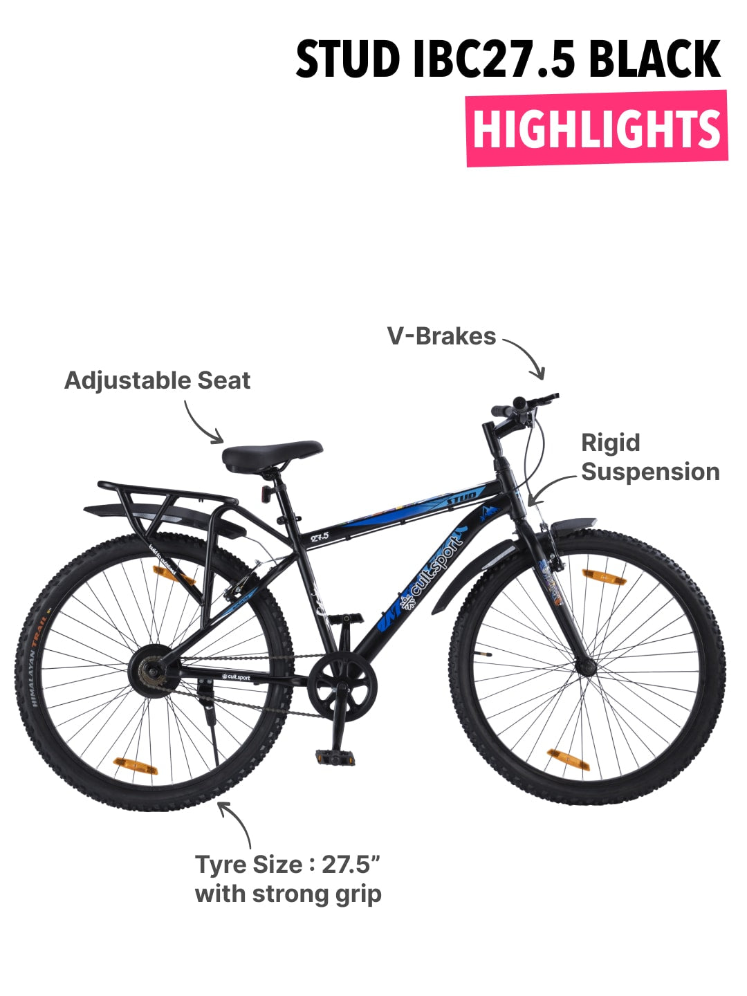 StudIBC27.5Black Steel Single Speed 27.5 inch Mountain Cycle with Single Wall Rim and Rigid Fork