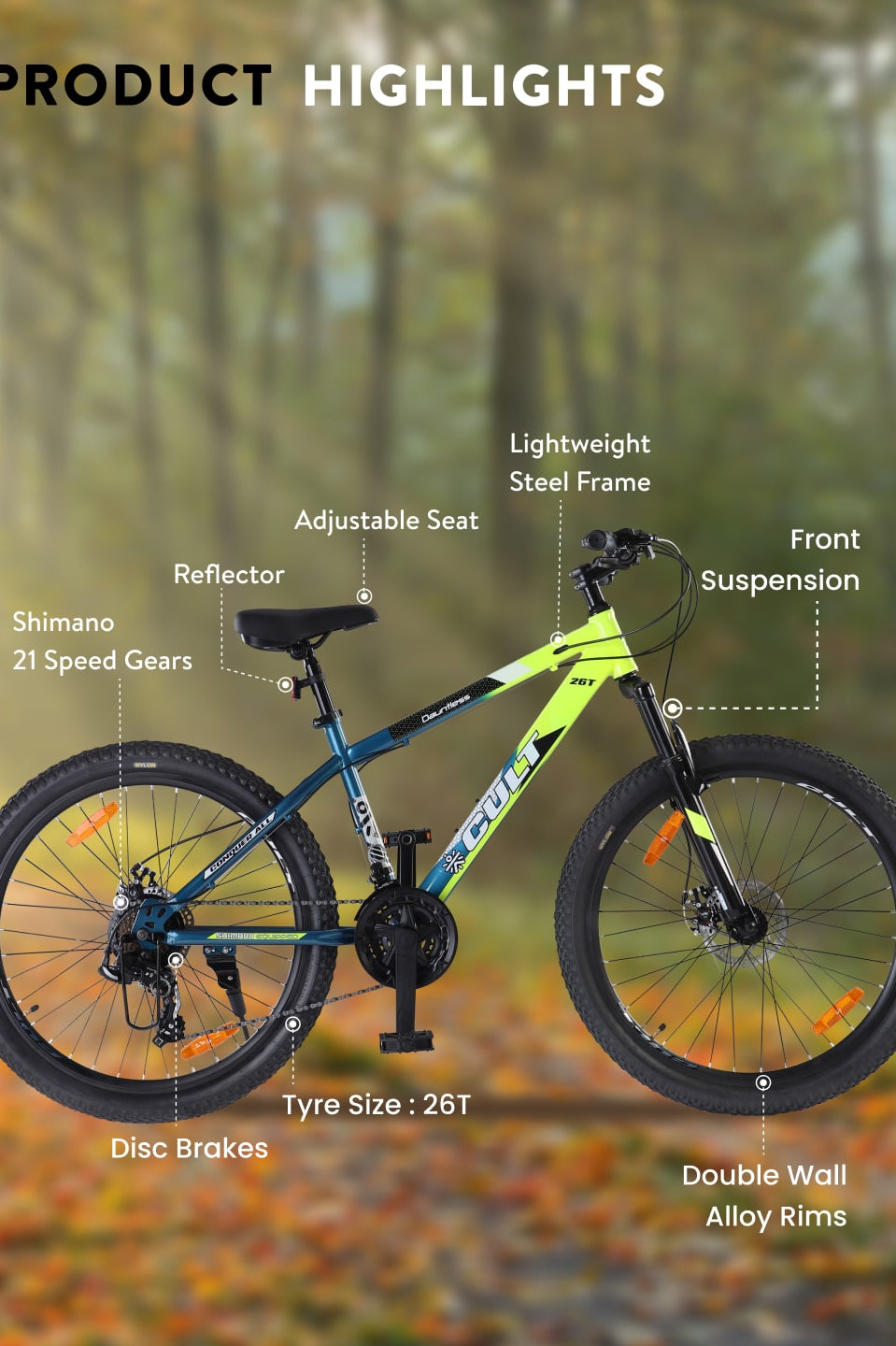 DAUNTLESS21S26TGREENBLUE Steel 21 Speed Shimano Gear 26 inch Mountain Cycle, Dual Disc Brake, Front Suspension, Double Wall Rim