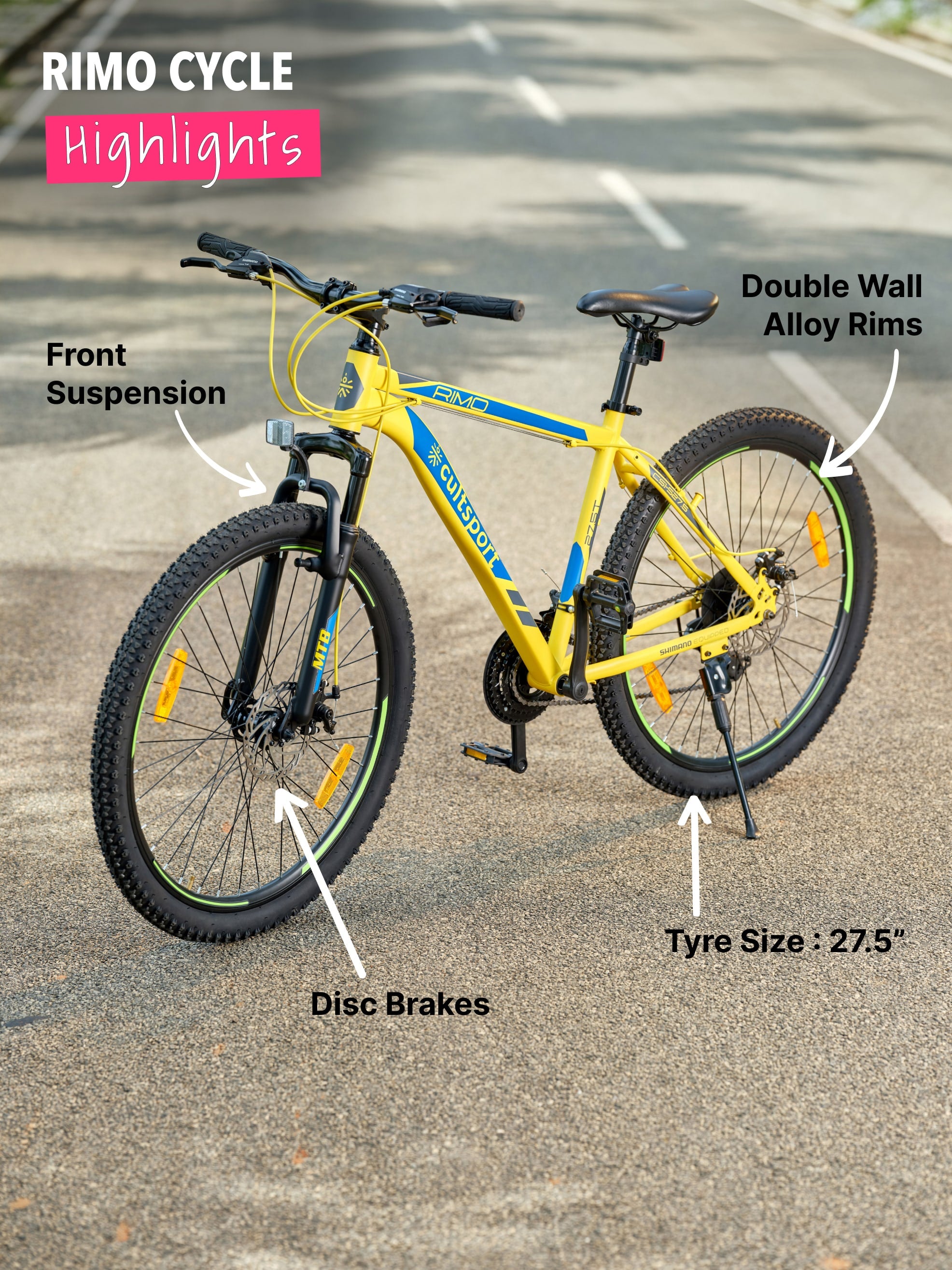 Rimo Steel 21 Speed Shimano Gear 27.5 inch Mountain Cycle, Dual Disc Brake, Front Suspension Double Wall Alloy Rim, Yellow, Free Trainer Sessions, Cycling Event