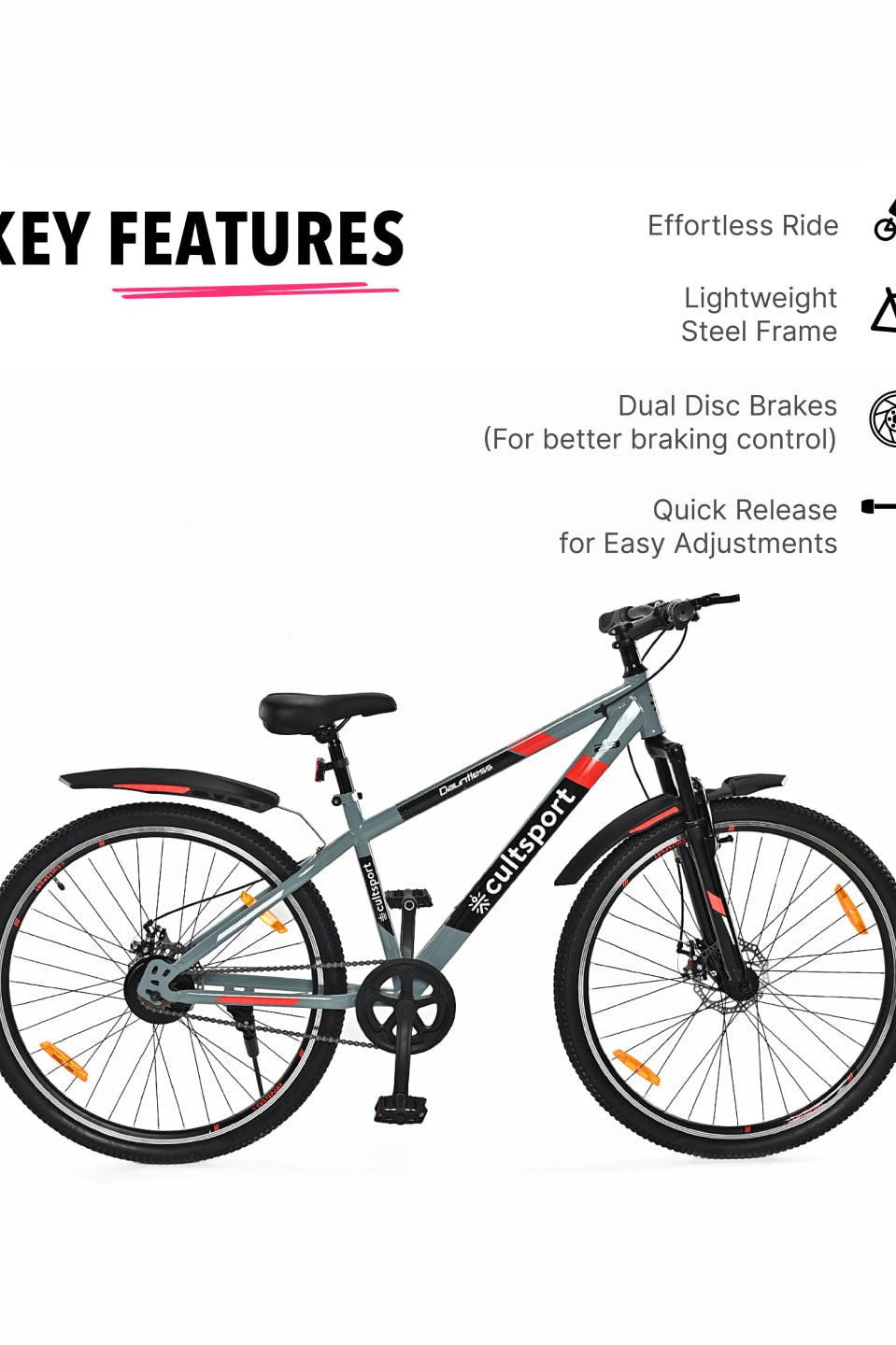 Dauntless29Grey Steel Single Speed 27.5 inch Mountain Cycle, Front Suspension, Double Wall Rim, Free Trainer Sessions, Cycling Event