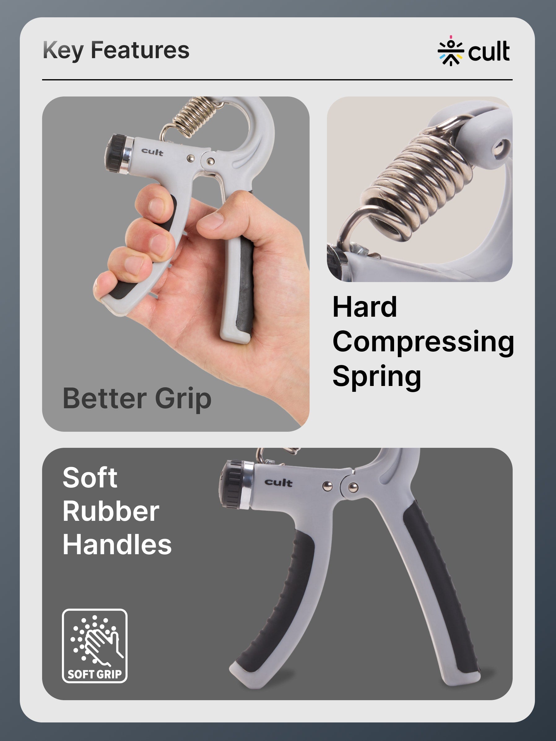 cult Adjustable Hand Grip Strengthener Hand Gripper for Men & Women For Gym Workout Forearm Exercise Finger Exercise Power Gripper Grey