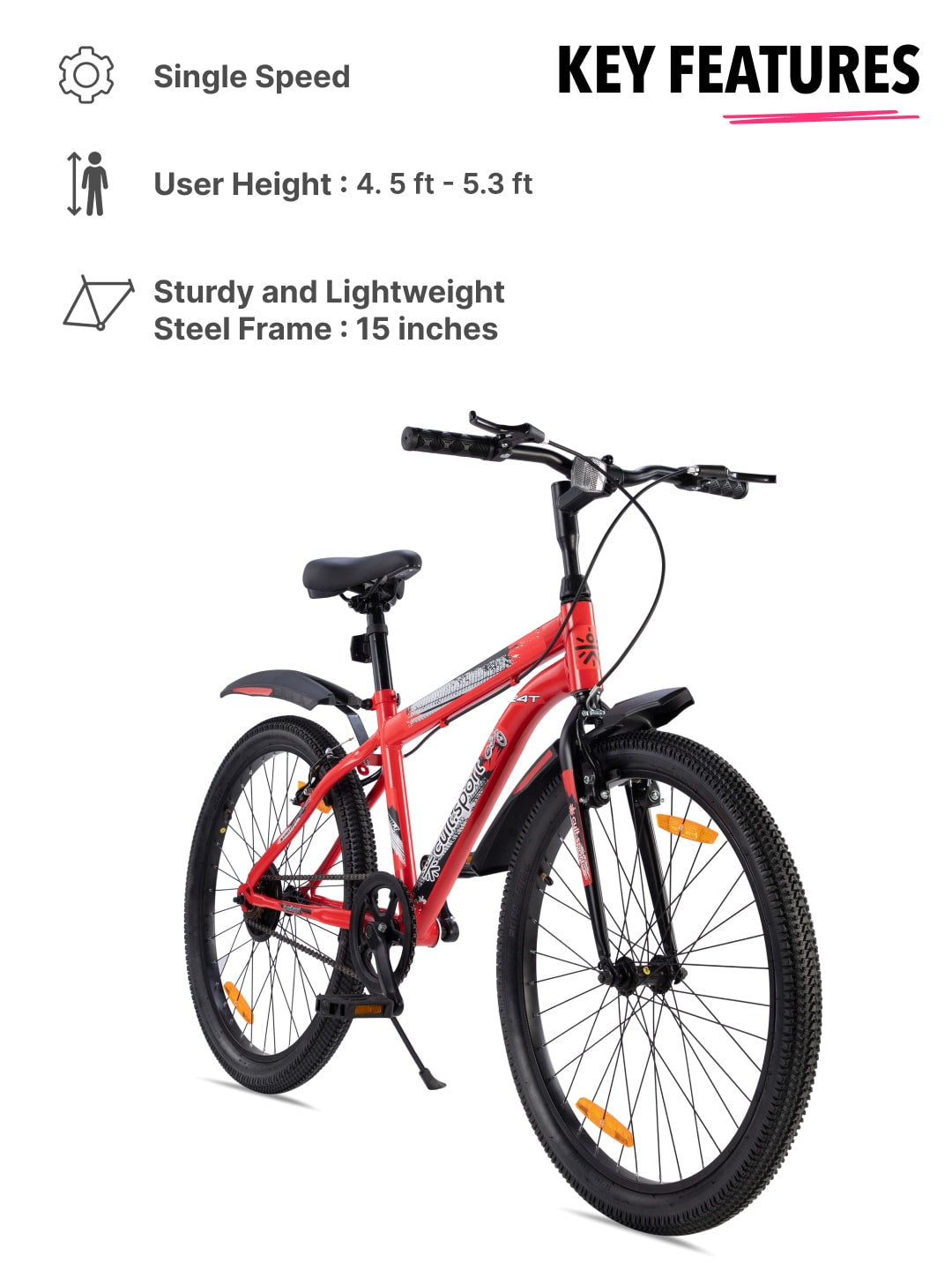 ROKKPRO24TRED Steel Single Speed 24 inch Mountain Cycle with Single Wall Rim and Rigid Fork