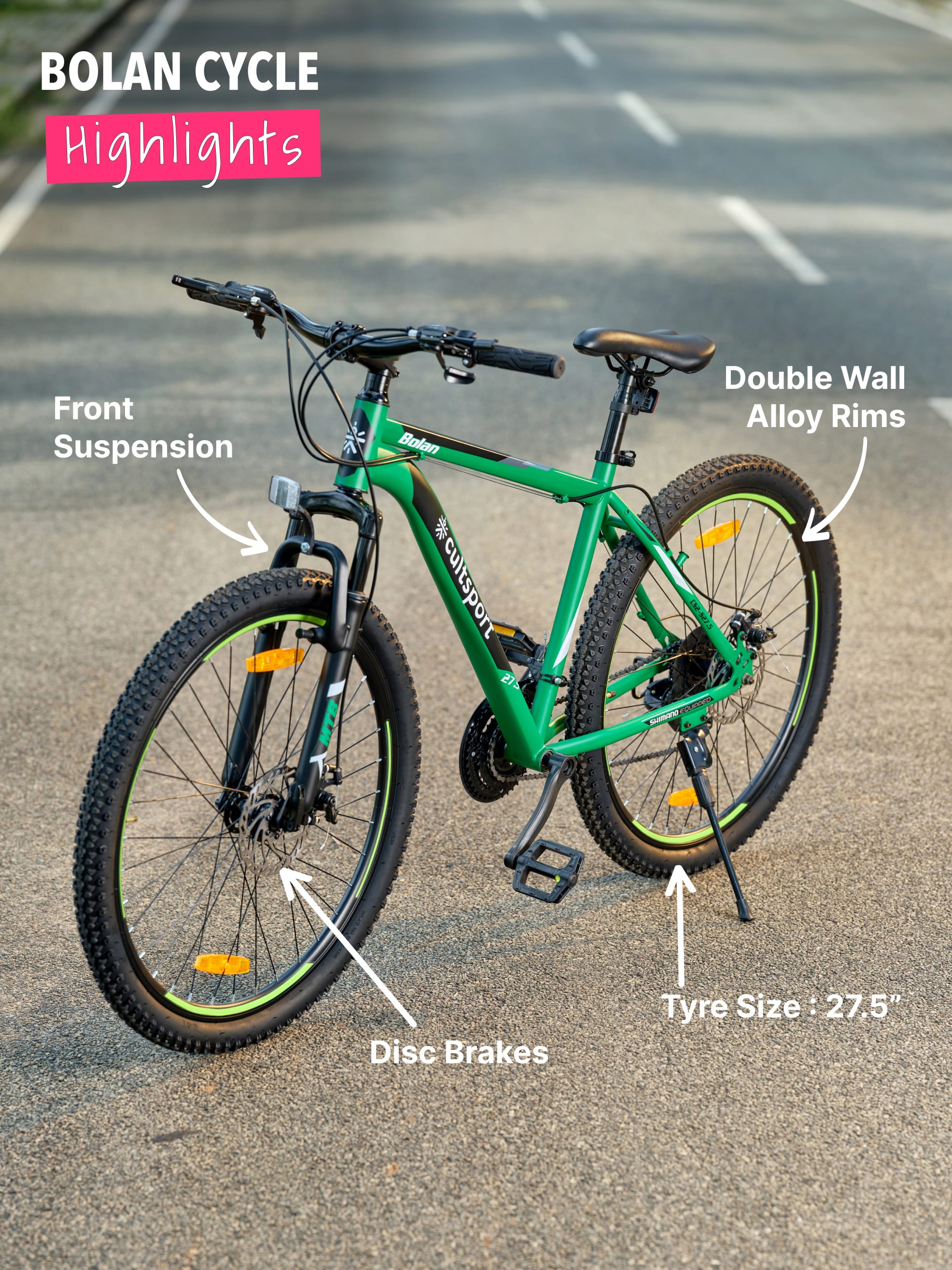 Bolan Steel 21 Speed Shimano Gear 27.5 inch Mountain Cycle, Dual Disc Brake, Front Suspension, Double Wall Rim, Green, Free Trainer Sessions,Cycling Event