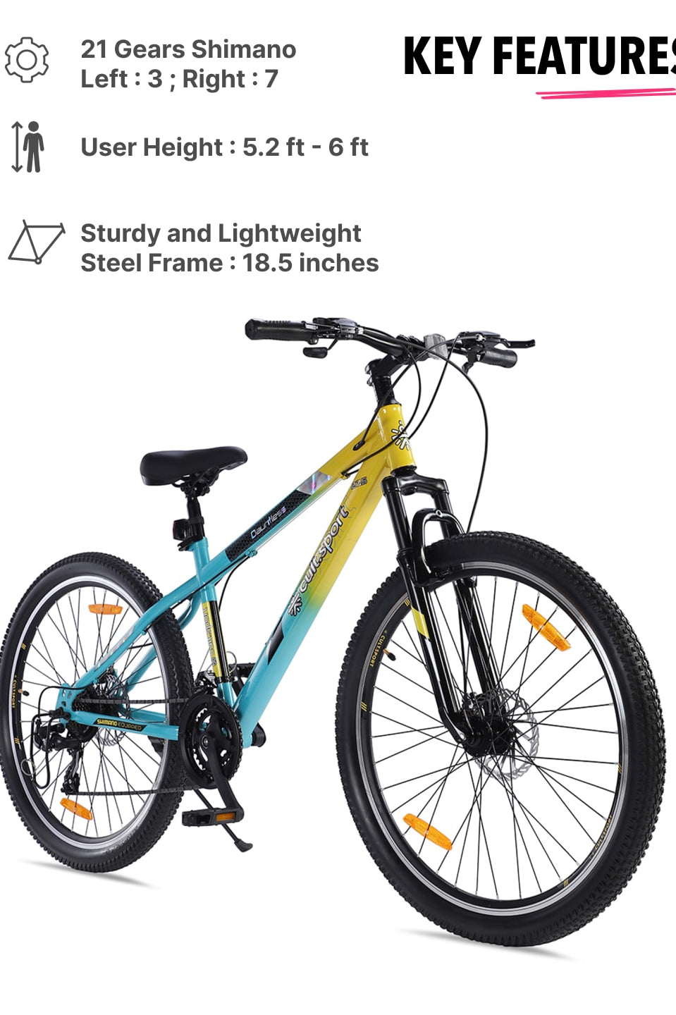 DAUNTLESS21S27.5TYELLOWBLUE Steel 21 Speed Shimano Gear 27.5 inch Mountain Cycle, Dual Disc Brake, Front Suspension and Double Wall Rim