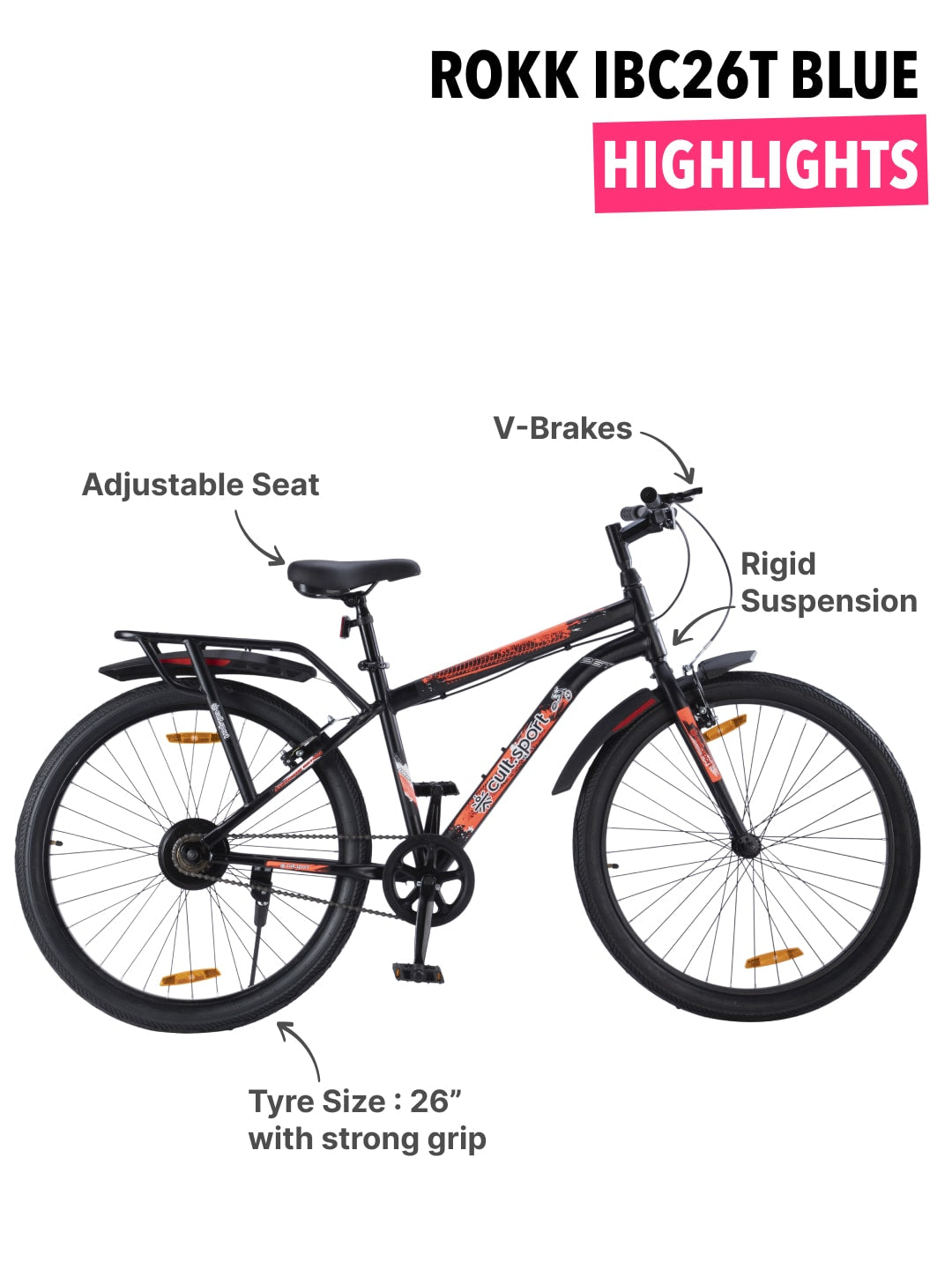 ROKKIBC26Black Steel Single Speed 26 inch Mountain Cycle, with Single Wall Rim and Rigid Fork