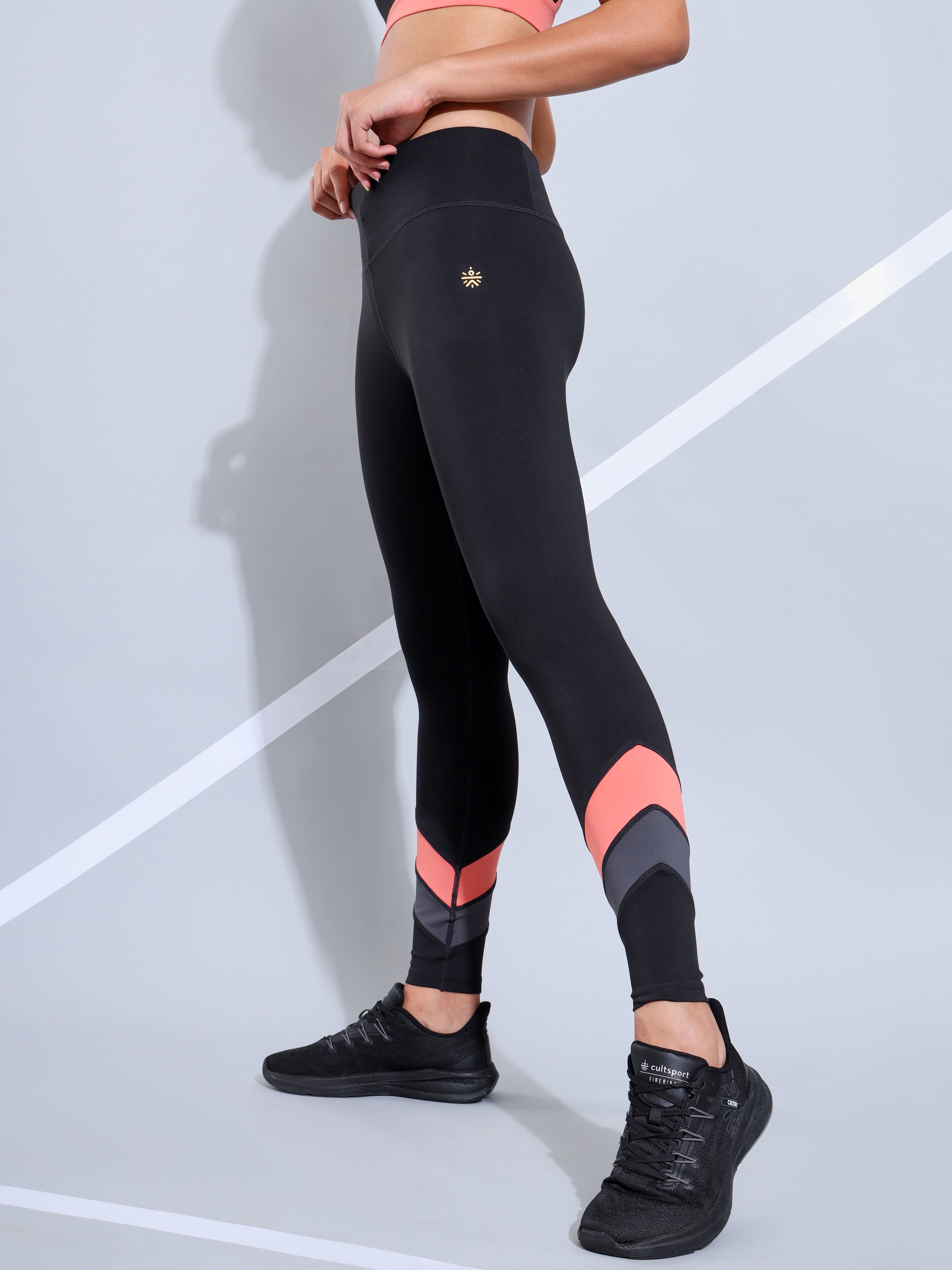 Black Absolute Fit Tights with Dual Contrast Panels and Back Pocket