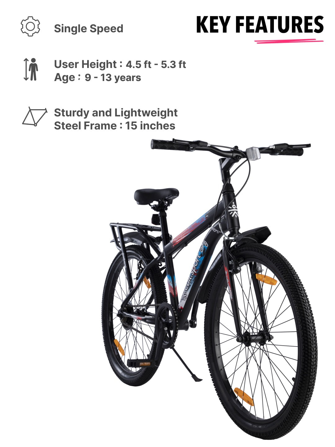 ROKKIBC24Black Steel Single Speed 24 inch Mountain Cycle With Single Wall Rim and Rigid Fork