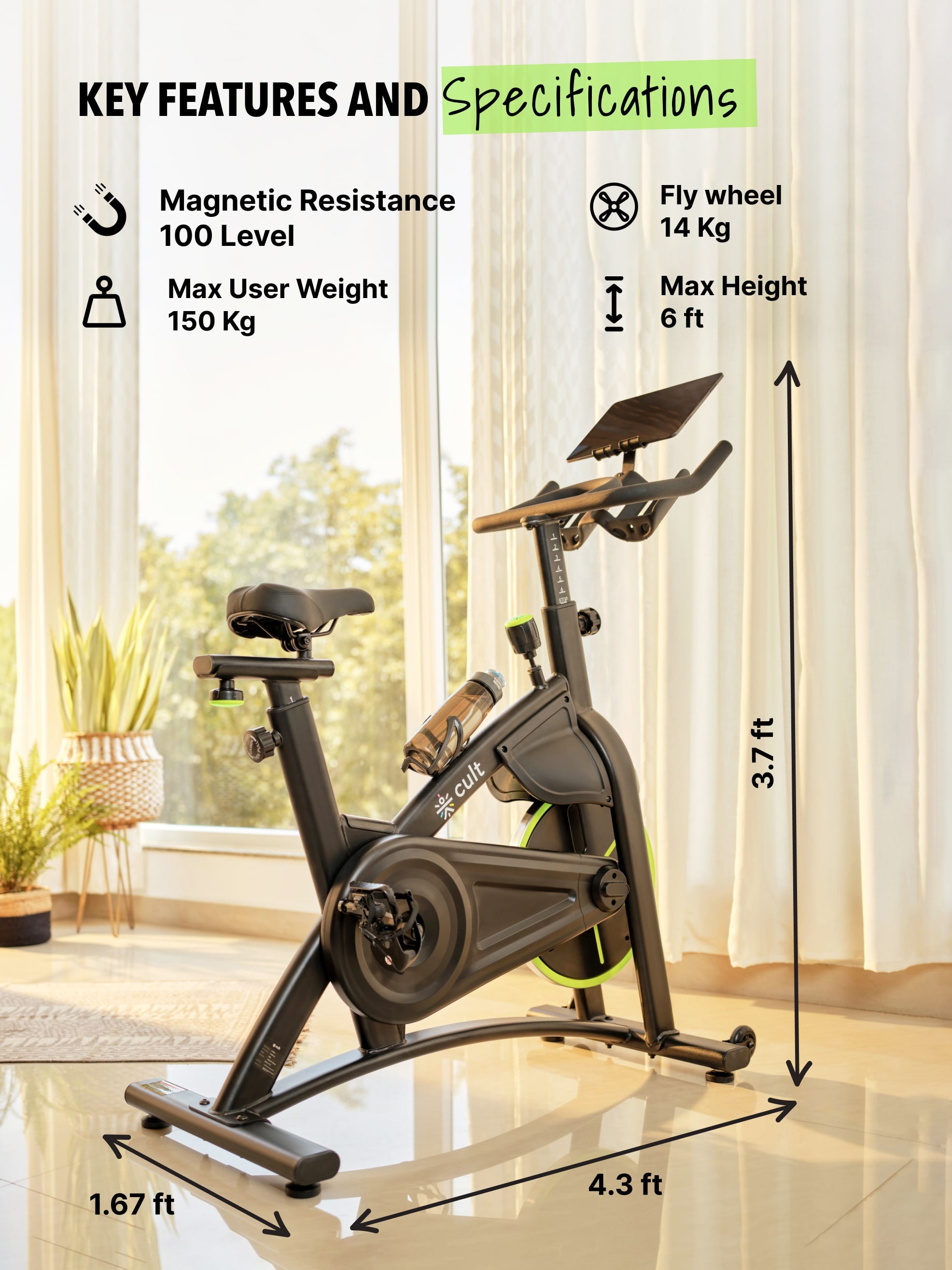 C3, NoiseFree Spin Bike Flywheel- 14kg, Max weight- 150 kg, Resistance Mechanism - Magnetic (with 6 months extended warranty)