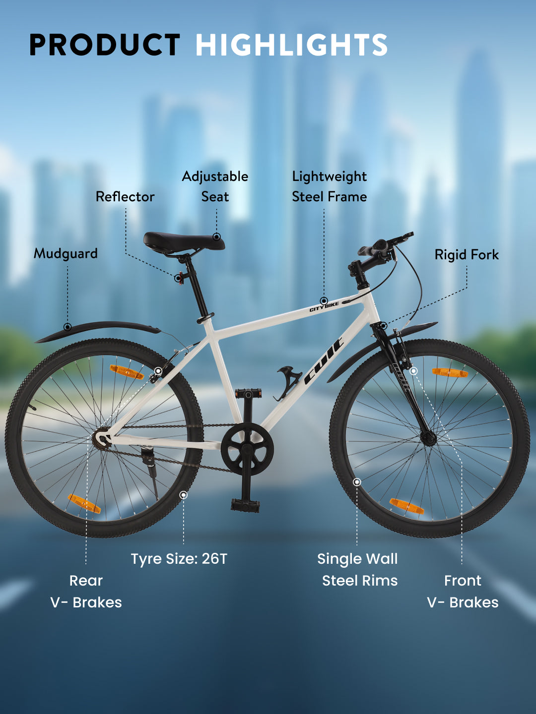 City Bike Steel Frame Single Speed Cycle 26 inch with Single Wall Rim, Rigid Fork,V Brakes, White