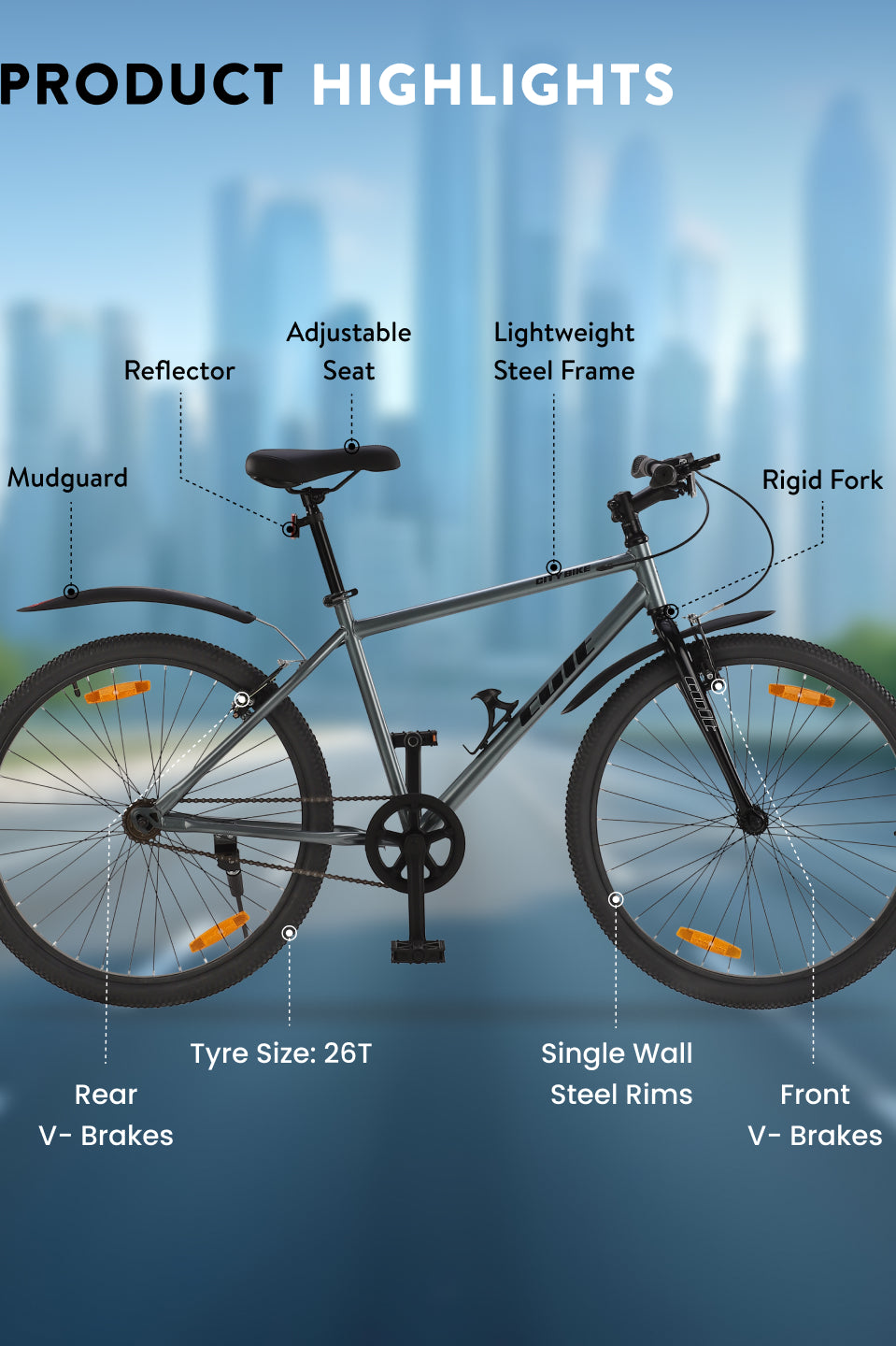 City Bike Steel Frame Single Speed Cycle 26 inch with Single Wall Rim, Rigid Fork,V Brakes,Grey