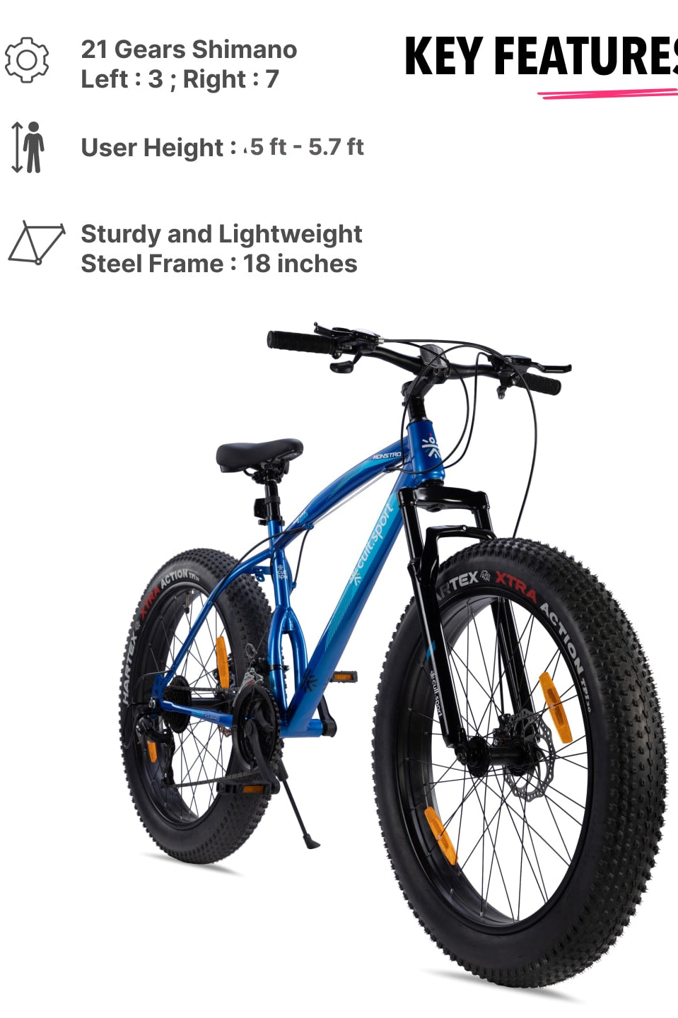 Monstro 26T Fat Bike – 21 Speed Shimano Gear, Front Suspension, Dual Disc Brake, Blue