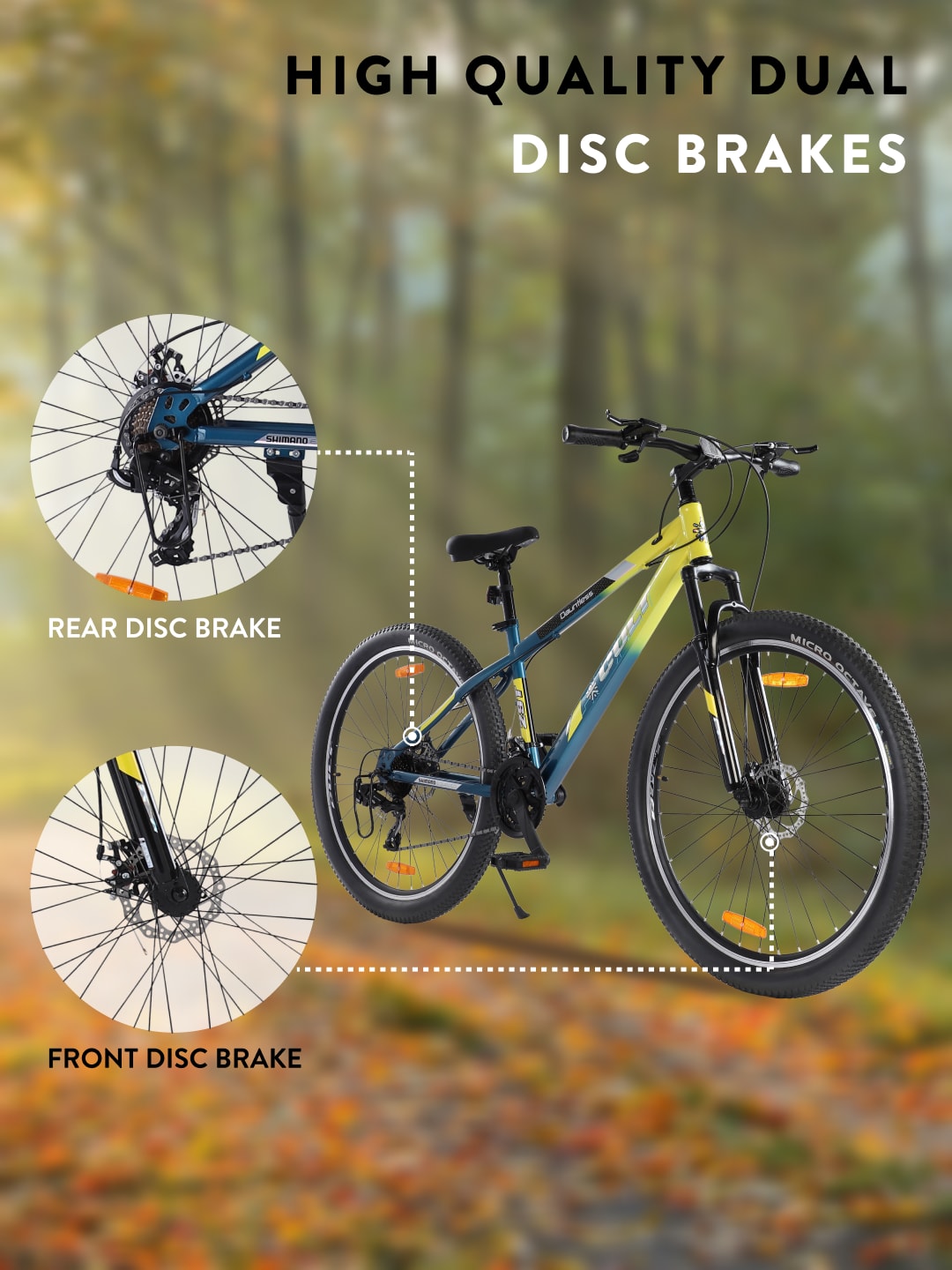 DAUNTLESS21S29TYELLOWBLUE Steel 21 Speed Shimano Gear 29 inch Mountain Cycle, Dual Disc Brake, Front Suspension, Double Wall Rim