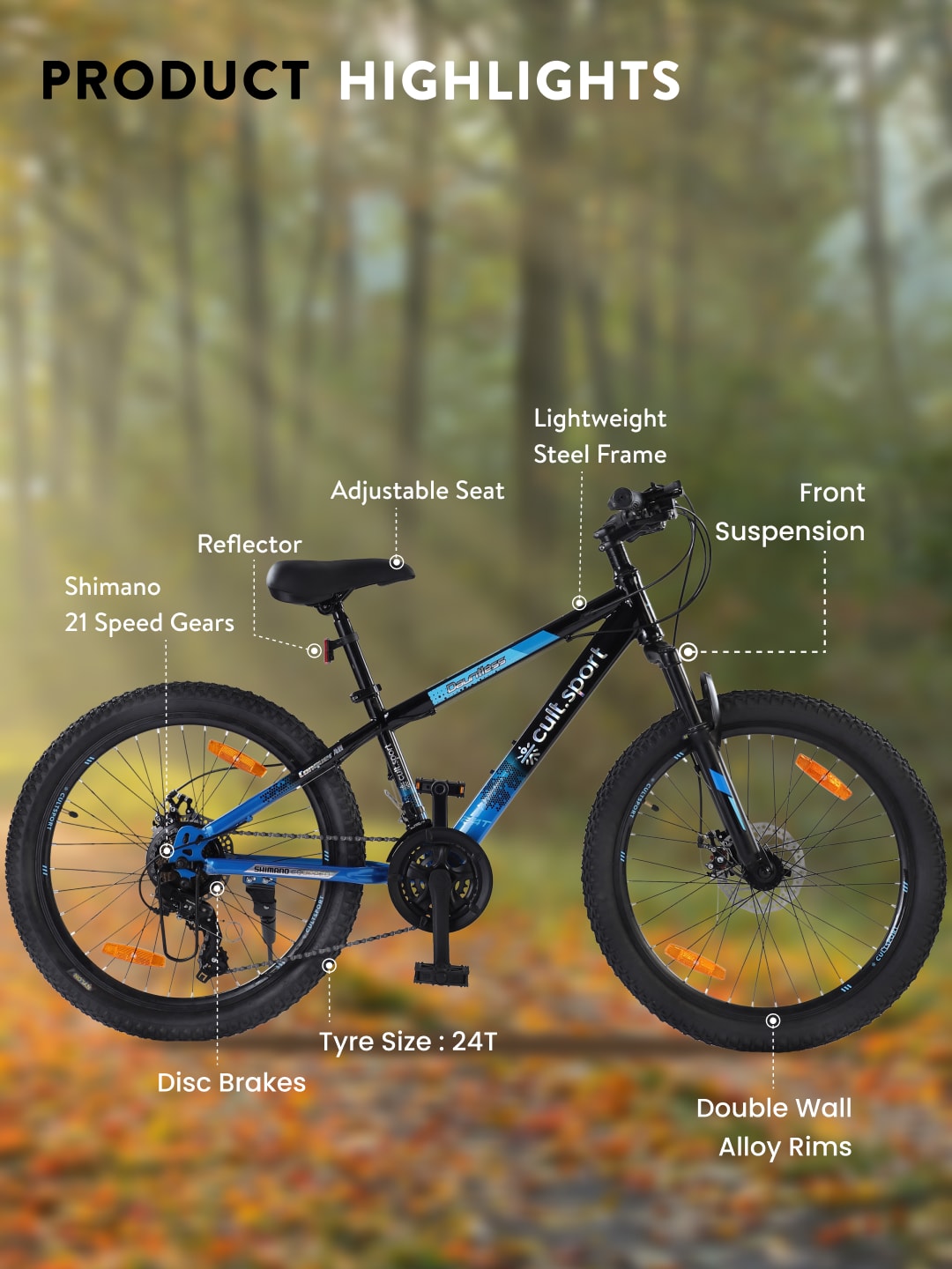 DAUNTLESS21S24TBLACKBLUE Steel 21 Speed Shimano Gear 24 inch Mountain Cycle, Dual Disc Brake, Front Suspension, Double Wall Rim