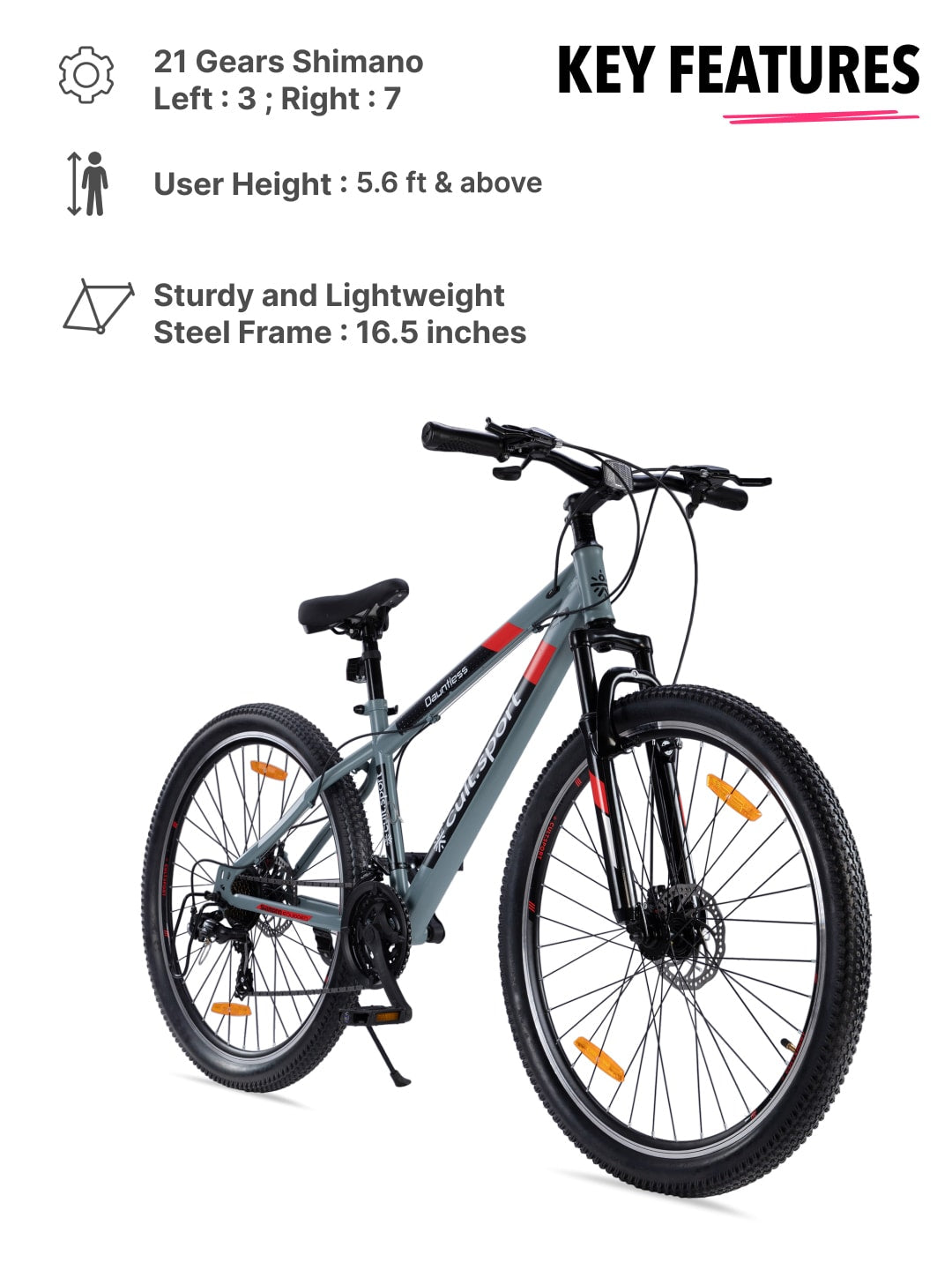 DAUNTLESS21S29TGREYSteel 21 Speed Shimano Gear 29 inch Mountain Cycle, Dual Disc Brake, Front Suspension and Double Wall Rim