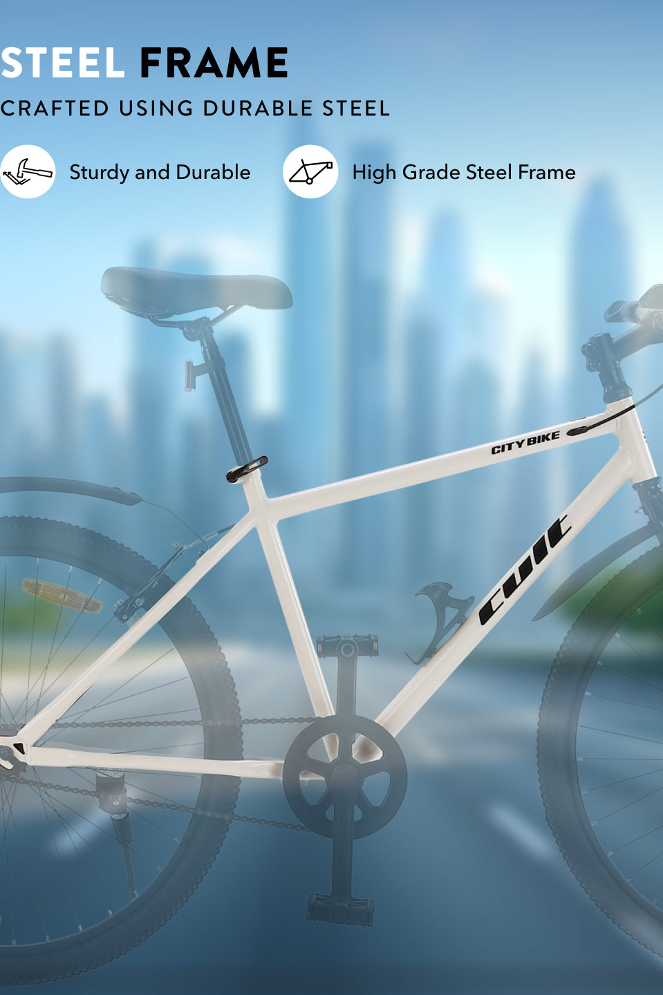 City Bike Steel Frame Single Speed Cycle 26 inch with Single Wall Rim, Rigid Fork,V Brakes, White