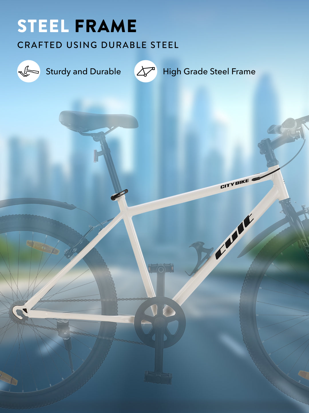 City Bike Steel Frame Single Speed Cycle 26 inch with Single Wall Rim, Rigid Fork,V Brakes, White