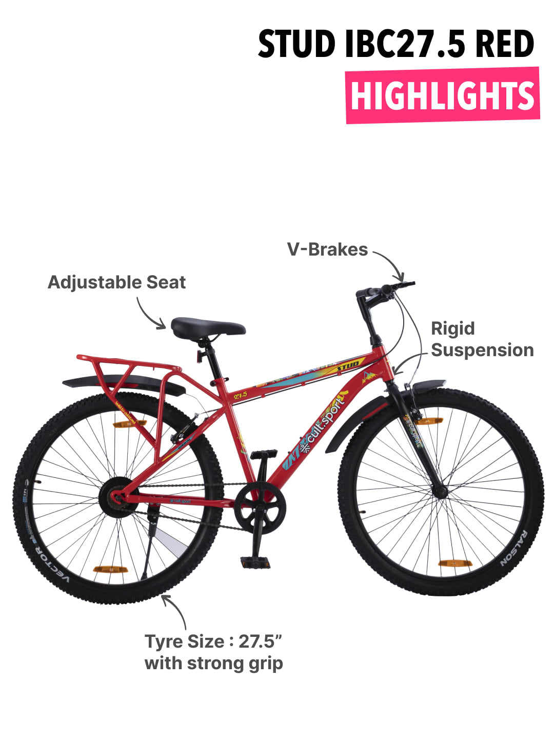 StudIBC27.5RED Steel Single Speed 27.5 inch Mountain Cycle with Single Wall Rim and Rigid Fork
