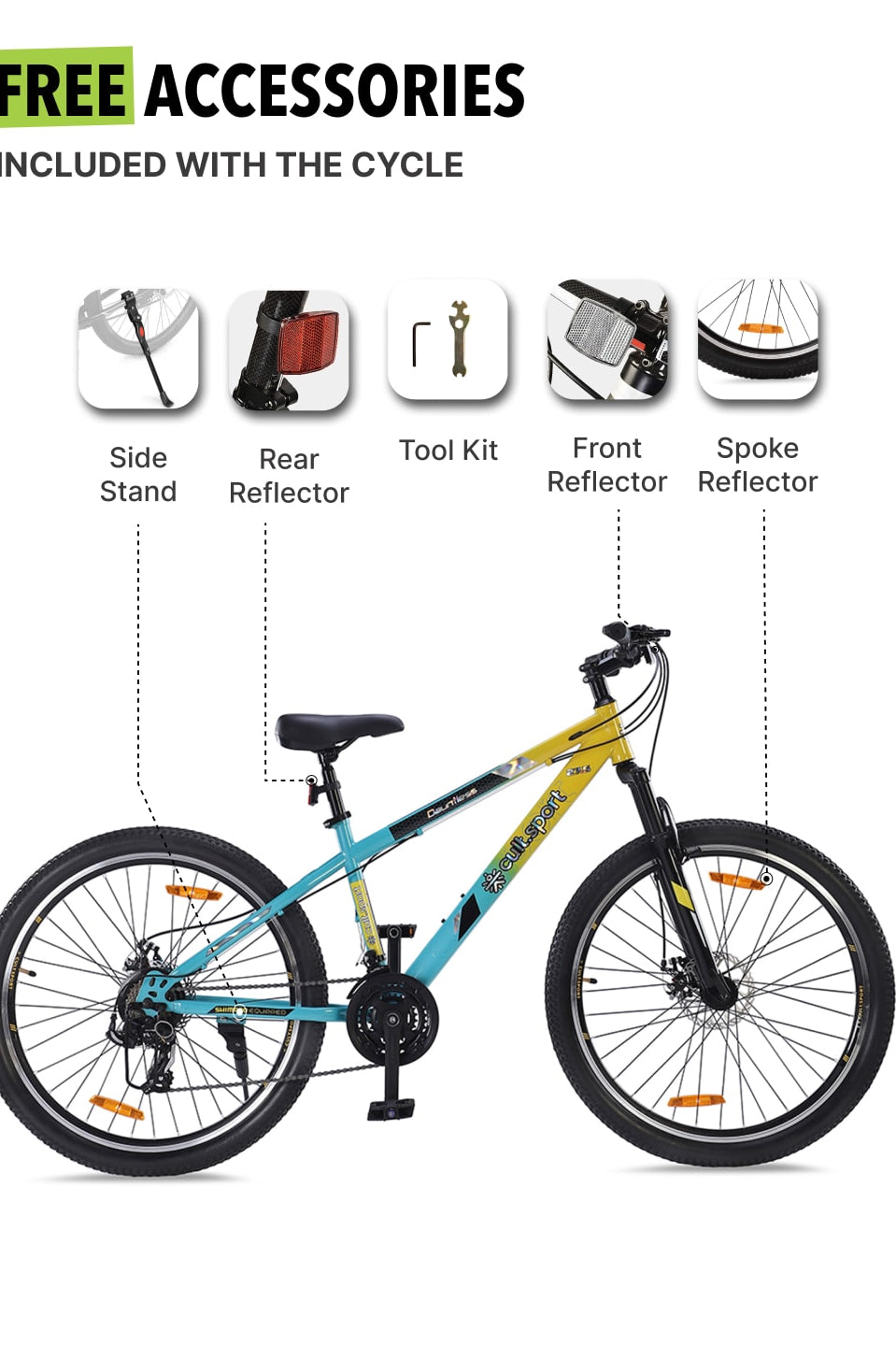 DAUNTLESS21S27.5TYELLOWBLUE Steel 21 Speed Shimano Gear 27.5 inch Mountain Cycle, Dual Disc Brake, Front Suspension and Double Wall Rim
