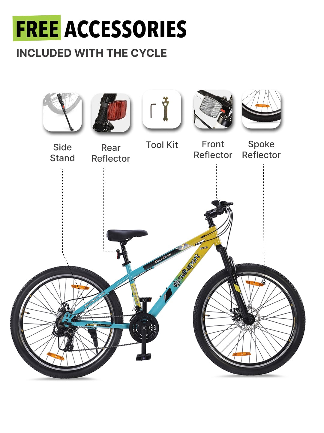 DAUNTLESS21S27.5TYELLOWBLUE Steel 21 Speed Shimano Gear 27.5 inch Mountain Cycle, Dual Disc Brake, Front Suspension and Double Wall Rim