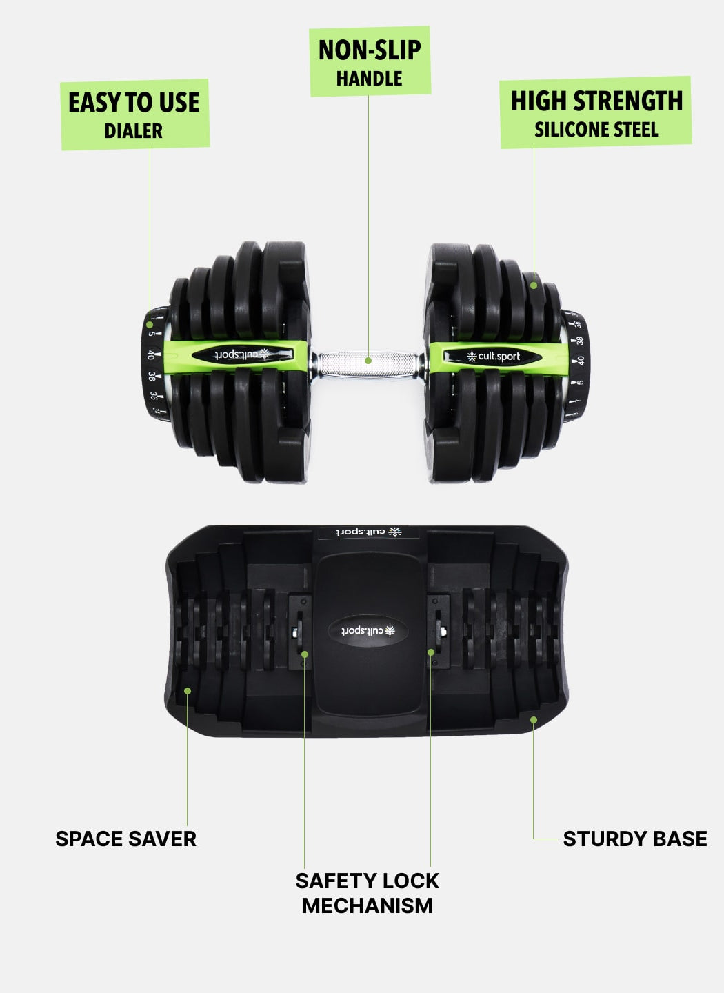 40 kg Compact Adjustable Dumbbell (5kg to 40kg), Easy Weight Change: 17-in-1 (1 piece) (6 Months extended Warranty only on Cultsport.com)