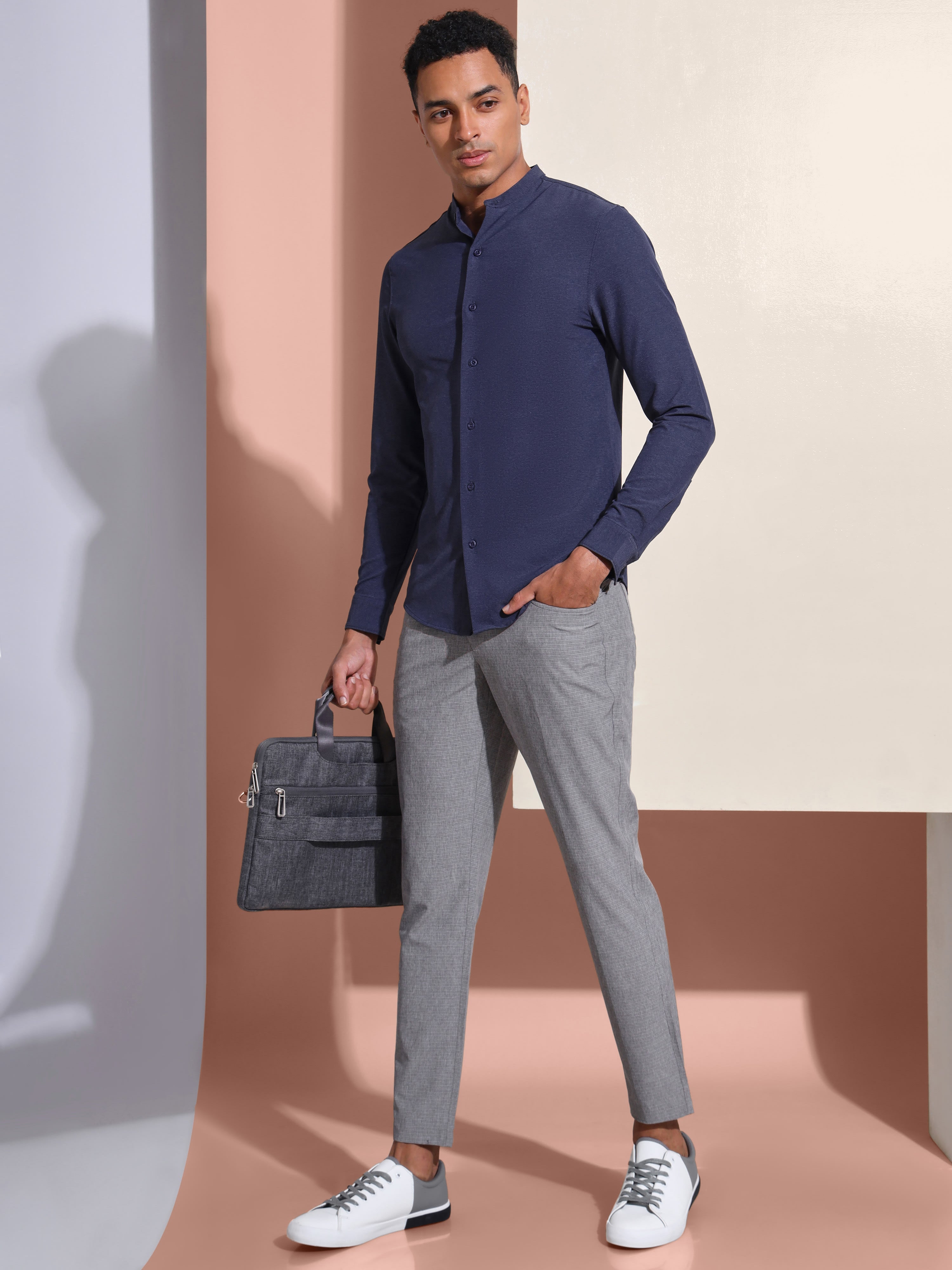 Slim Fit Band Collar Solid Shirt