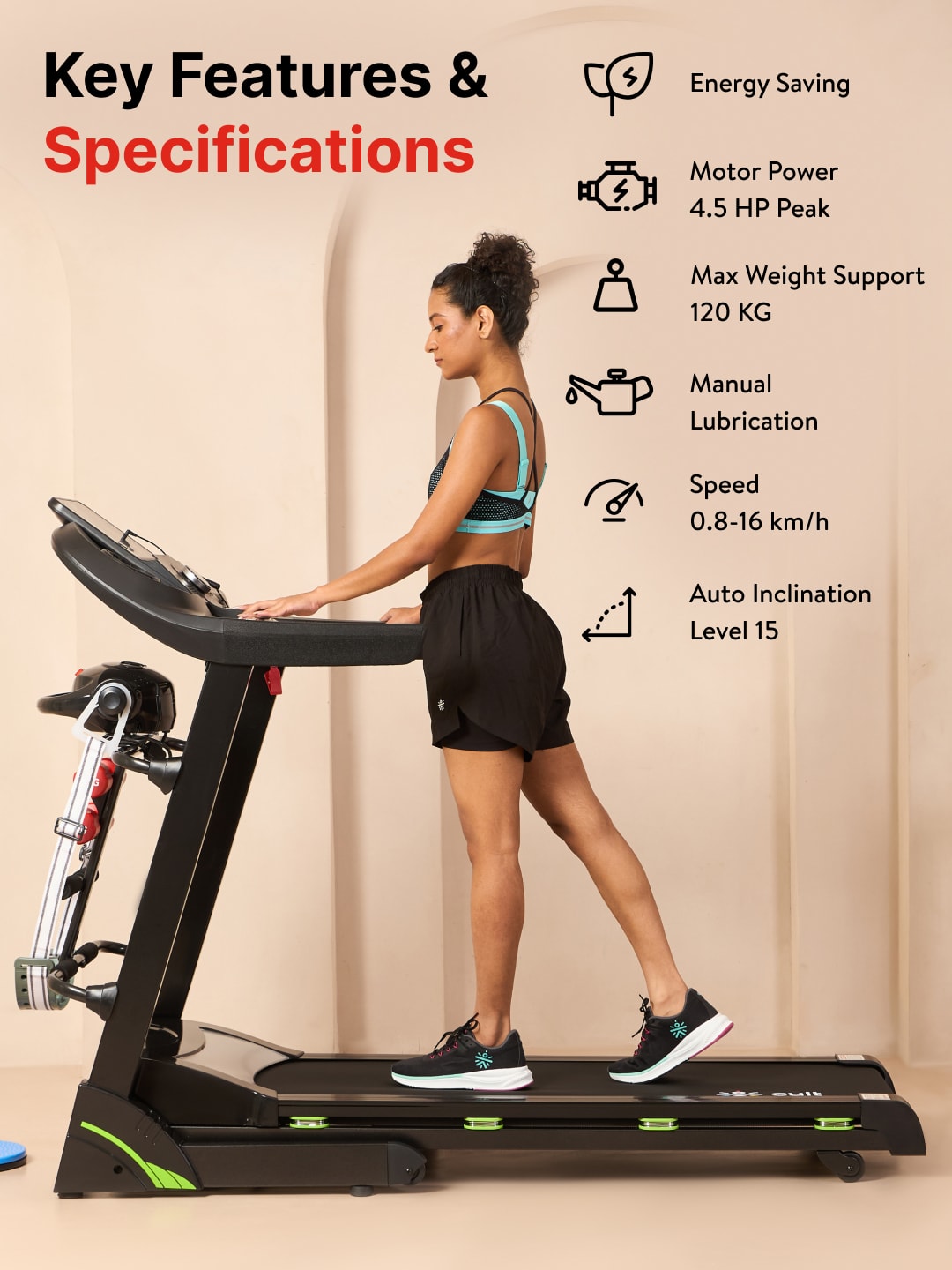 Cultrun M4.5 Multimode 4.5HP Peak Treadmill | 15-level Auto-Incline | Max Weight-120kg | Max Speed-16kmph (with 6 Months Extended Warranty)
