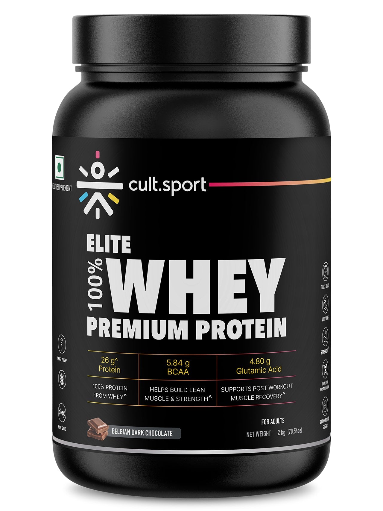 100% Whey Protein Premium Protein - 2kg | Sugar free | Protein Powder for Men & Women for Muscle Support & Recovery | 25g Protein Per Serving | 2.5g BCAA, 3.9g Glutamic acid | Belgium Dark Chocolate