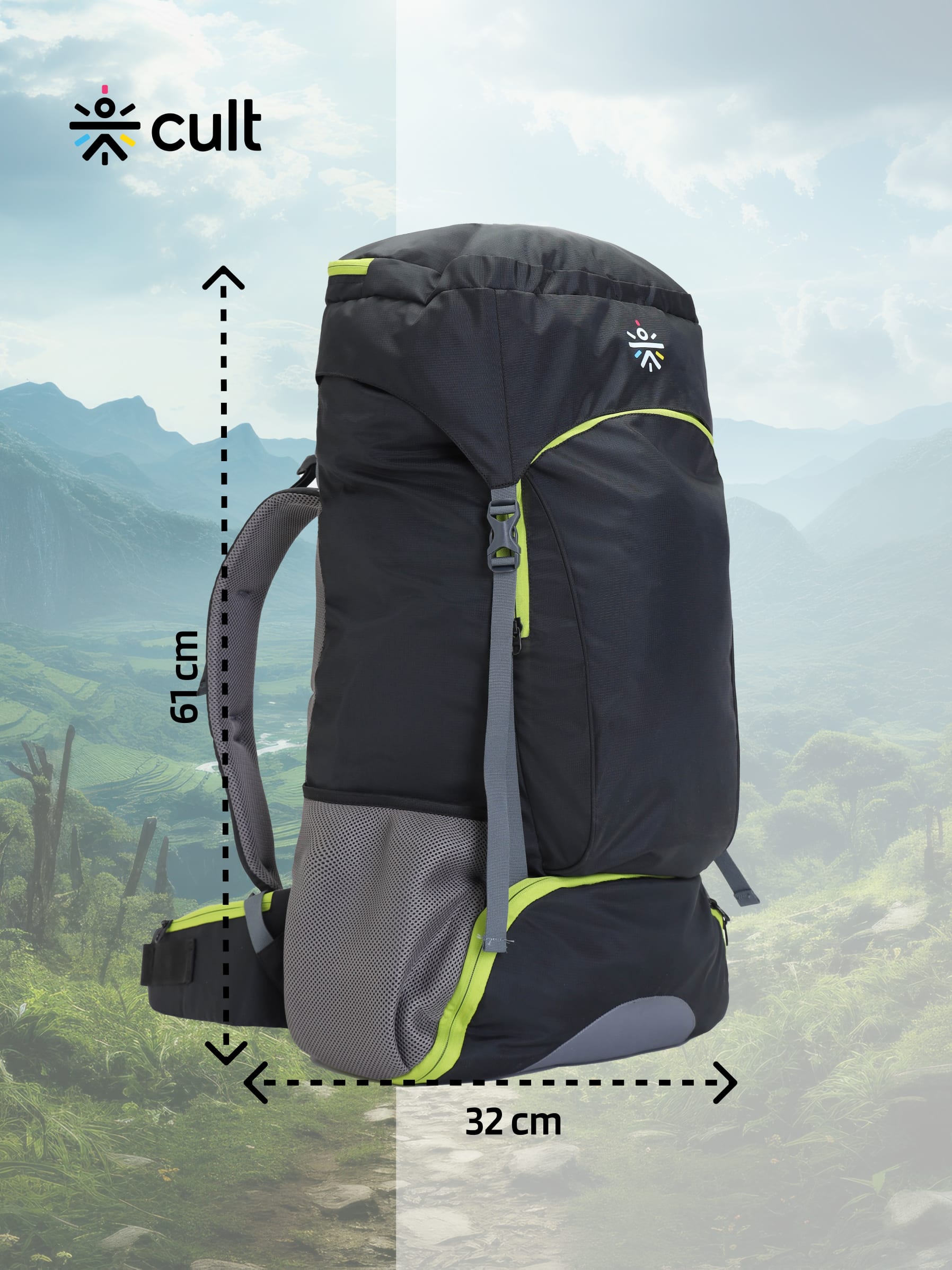 cult 55 Litre Standard Backpack Daypack Bag For Camping Hiking Trekking Black Green