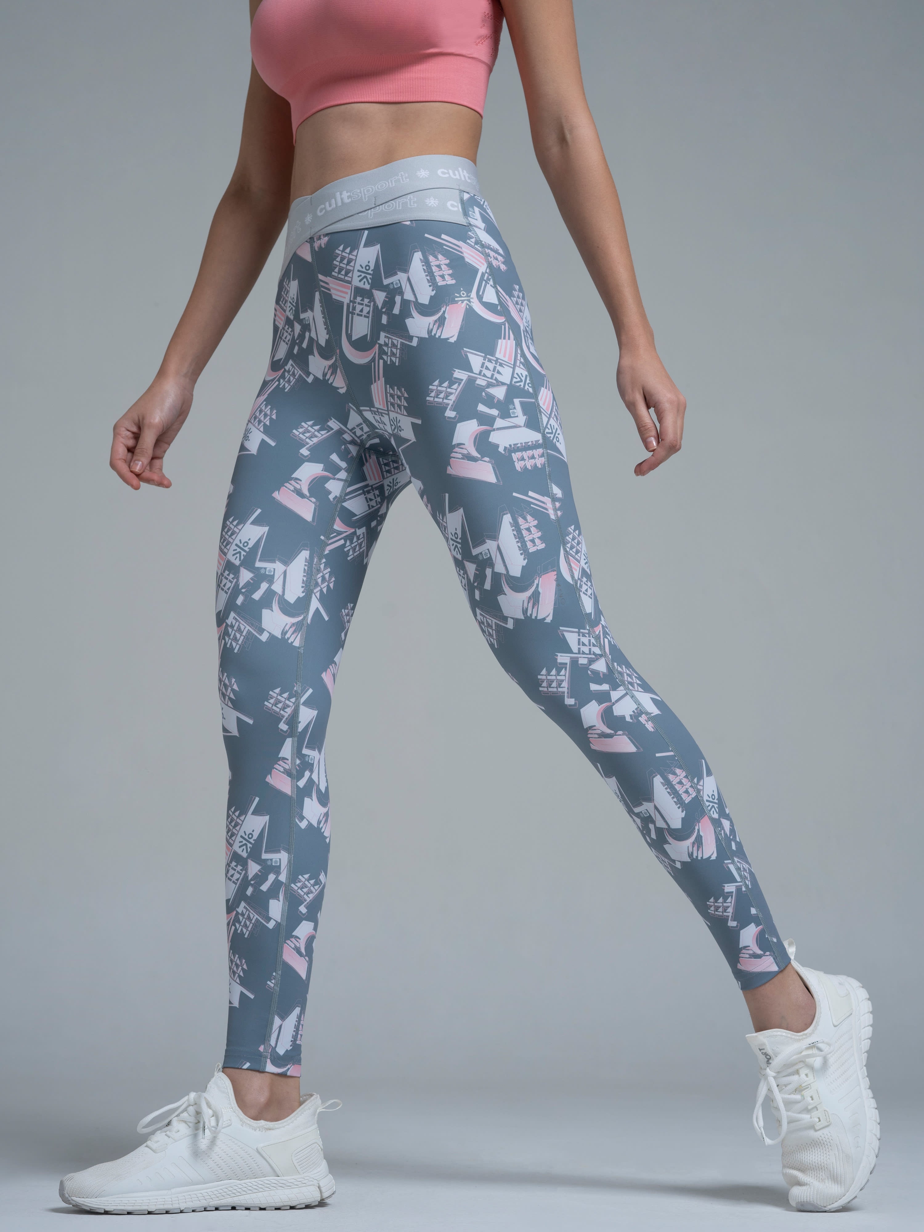 Absolute Fit Cross Waist Abstract Faded Rose Grey Print Tights