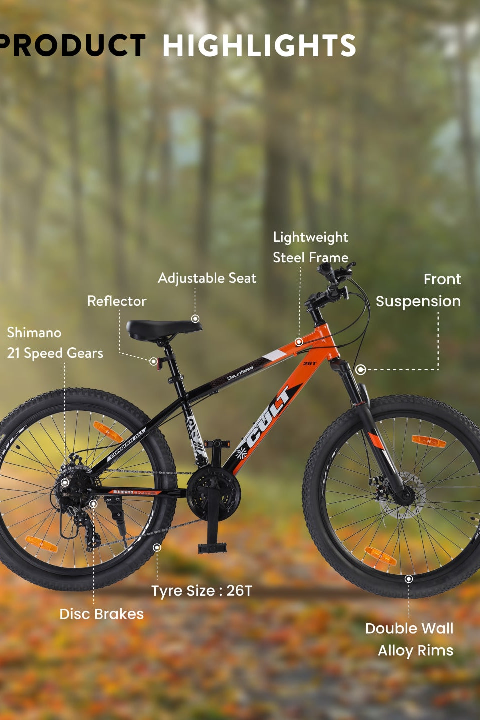 DAUNTLESS21S26TORANGEBLACK Steel 21 Speed Shimano Gear 26 inch Mountain Cycle, Dual Disc Brake, Front Suspension, Double Wall Rim