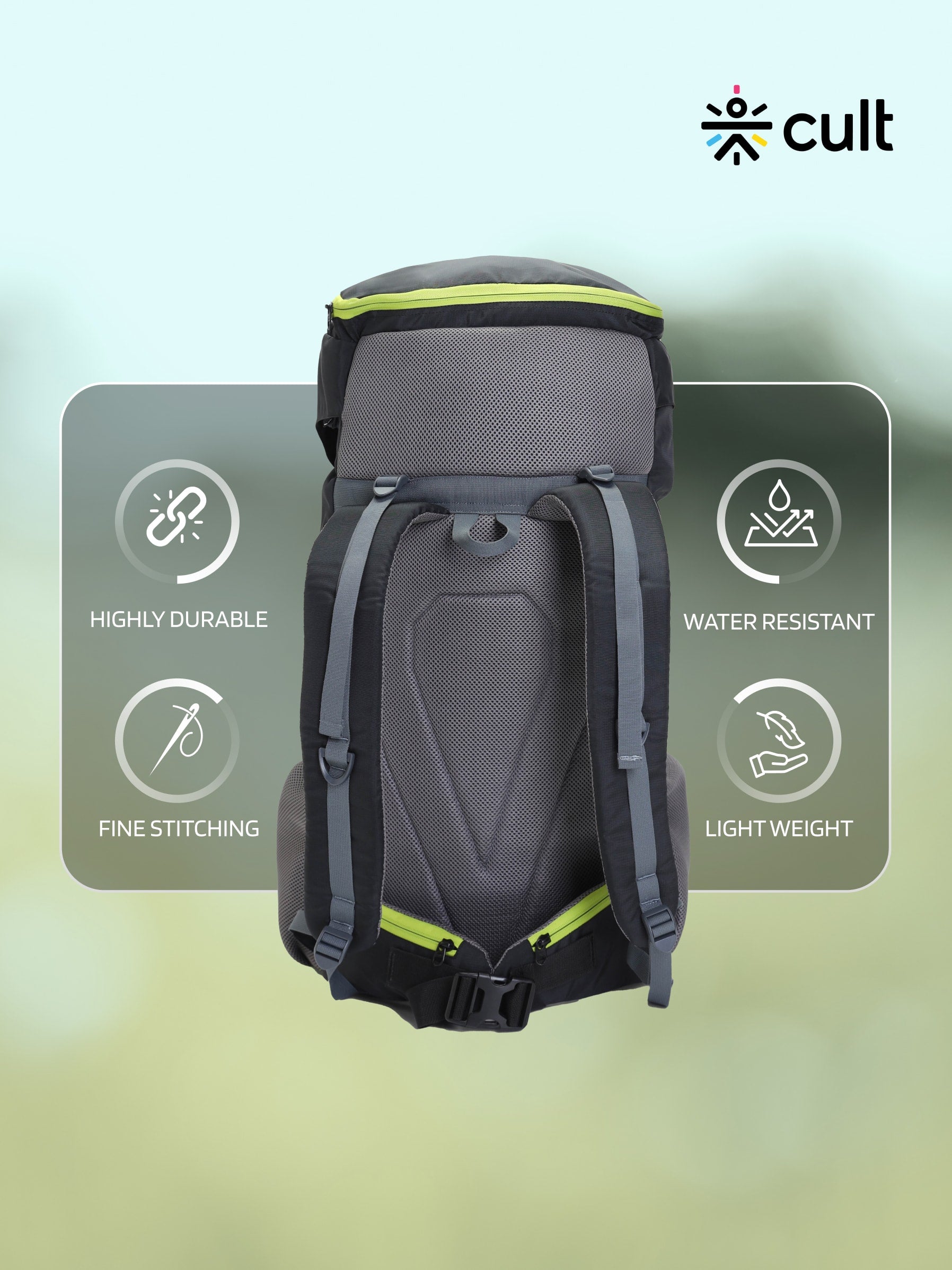 cult 55 Litre Standard Backpack Daypack Bag For Camping Hiking Trekking Black Green