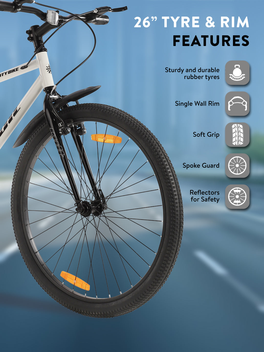 City Bike Steel Frame Single Speed Cycle 26 inch with Single Wall Rim, Rigid Fork,V Brakes, White