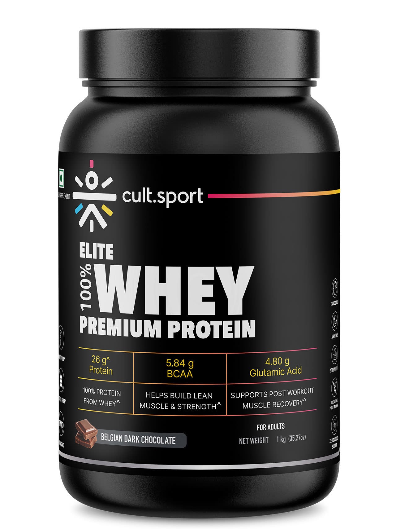 100% Whey Protein Premium Protein - 1kg | Sugar free | Protein Powder for Men & Women for Muscle Support & Recovery | 25g Protein Per Serving | 2.5g BCAA, 3.9g Glutamic acid | Belgium Dark Chocolate