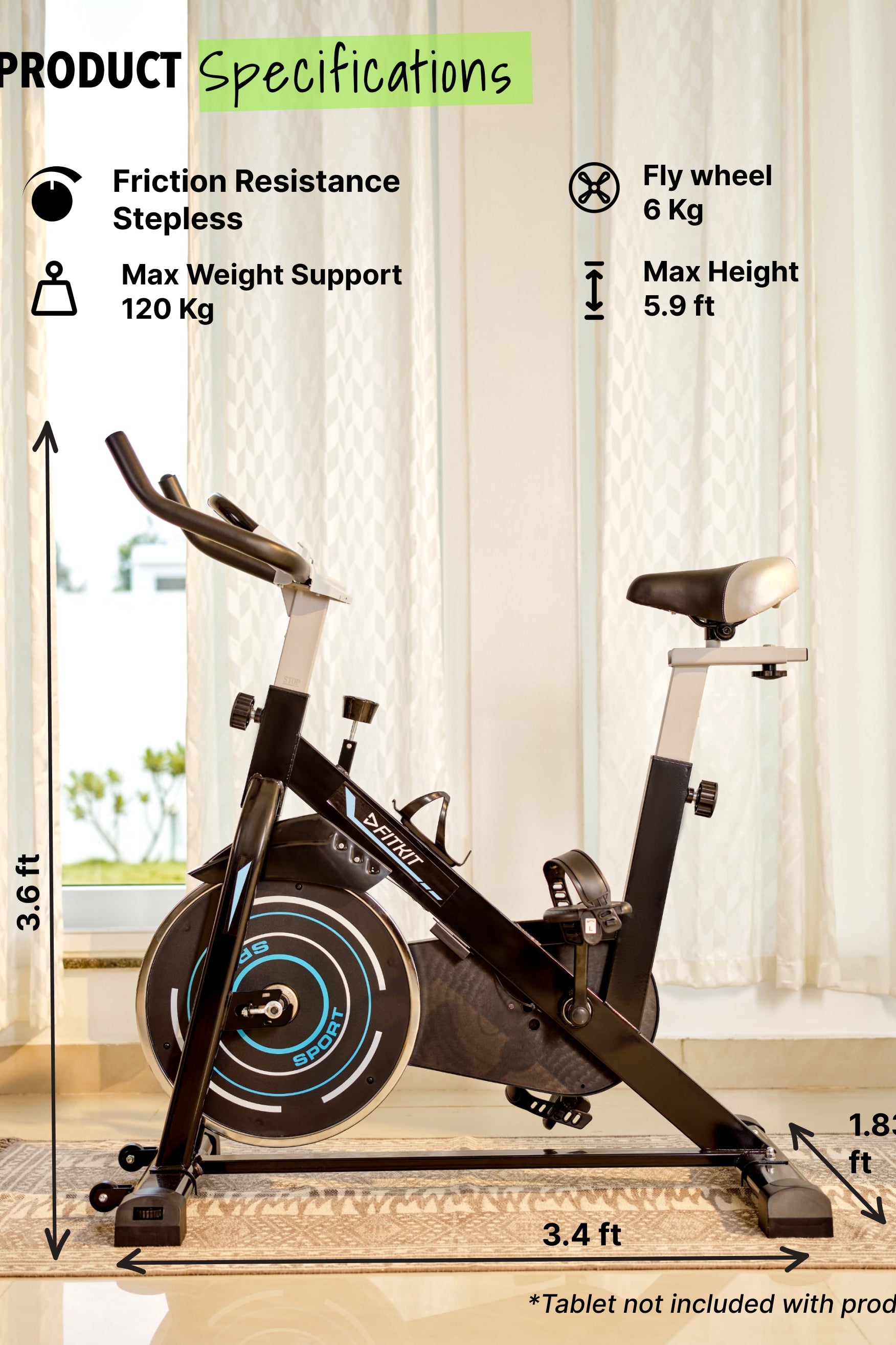 FK4000 Spinbike | 6kg Flywheel | Max Weight 120kg | Friction Resistance Stepless | Blue (with 6 months extended warranty)