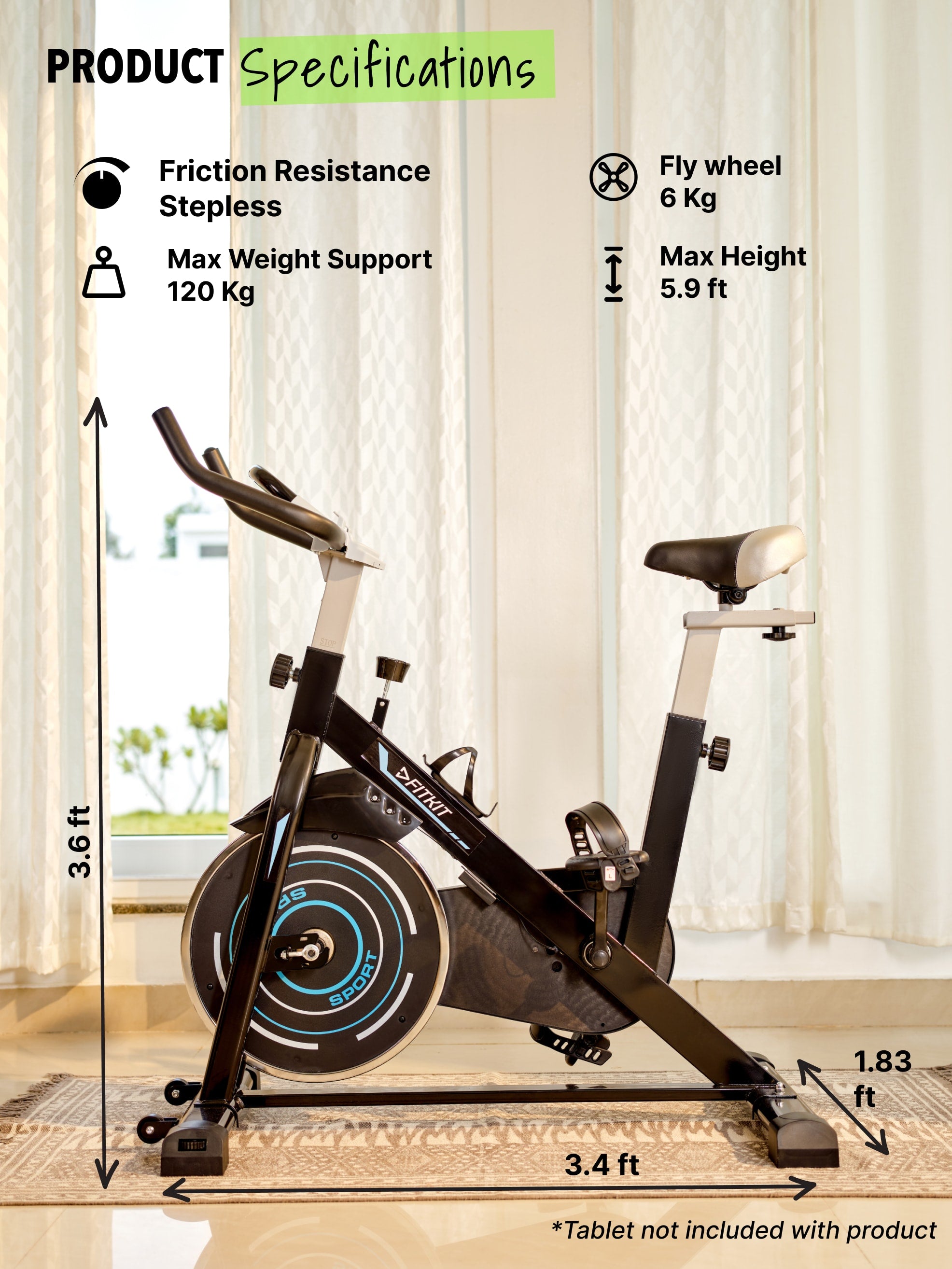 FK4000 Spinbike | 6kg Flywheel | Max Weight 120kg | Friction Resistance Stepless | Blue (with 6 months extended warranty)