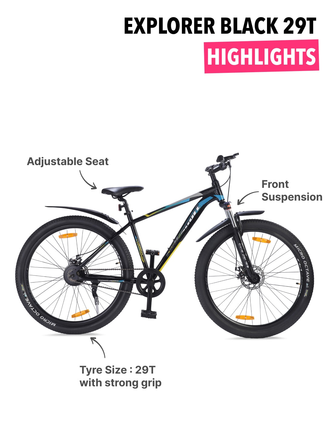 EXPLORER29TBLACK Alloy Single Speed 29 inch Mountain Cycle, Front Suspension, Double Wall Rim