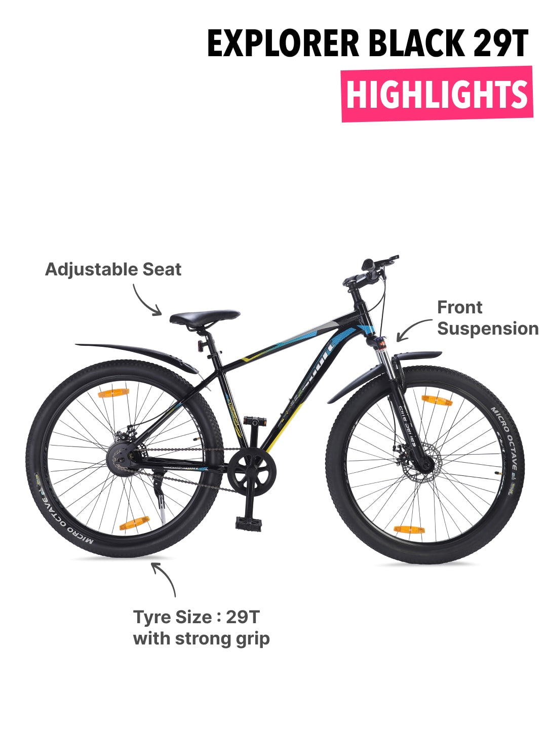 EXPLORER29TBLACK Alloy Single Speed 29 inch Mountain Cycle, Front Suspension, Double Wall Rim