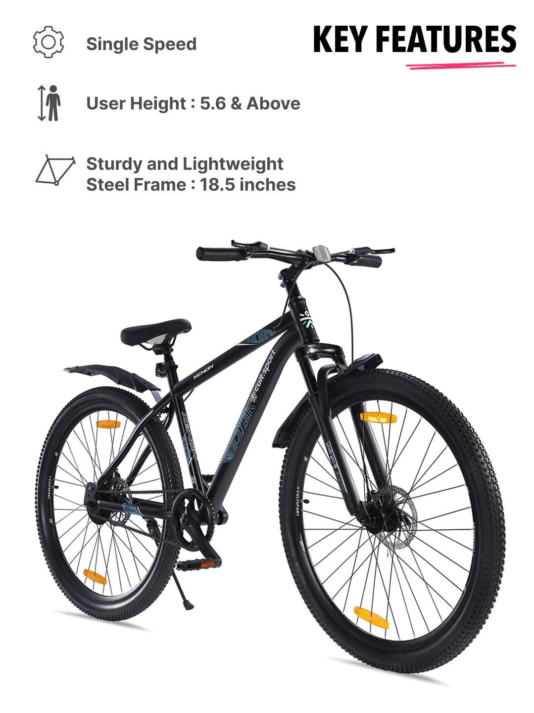XENON29TBLACK Steel Single Speed 29 inch Mountain Cycle, Front Suspension and Double Wall Rim