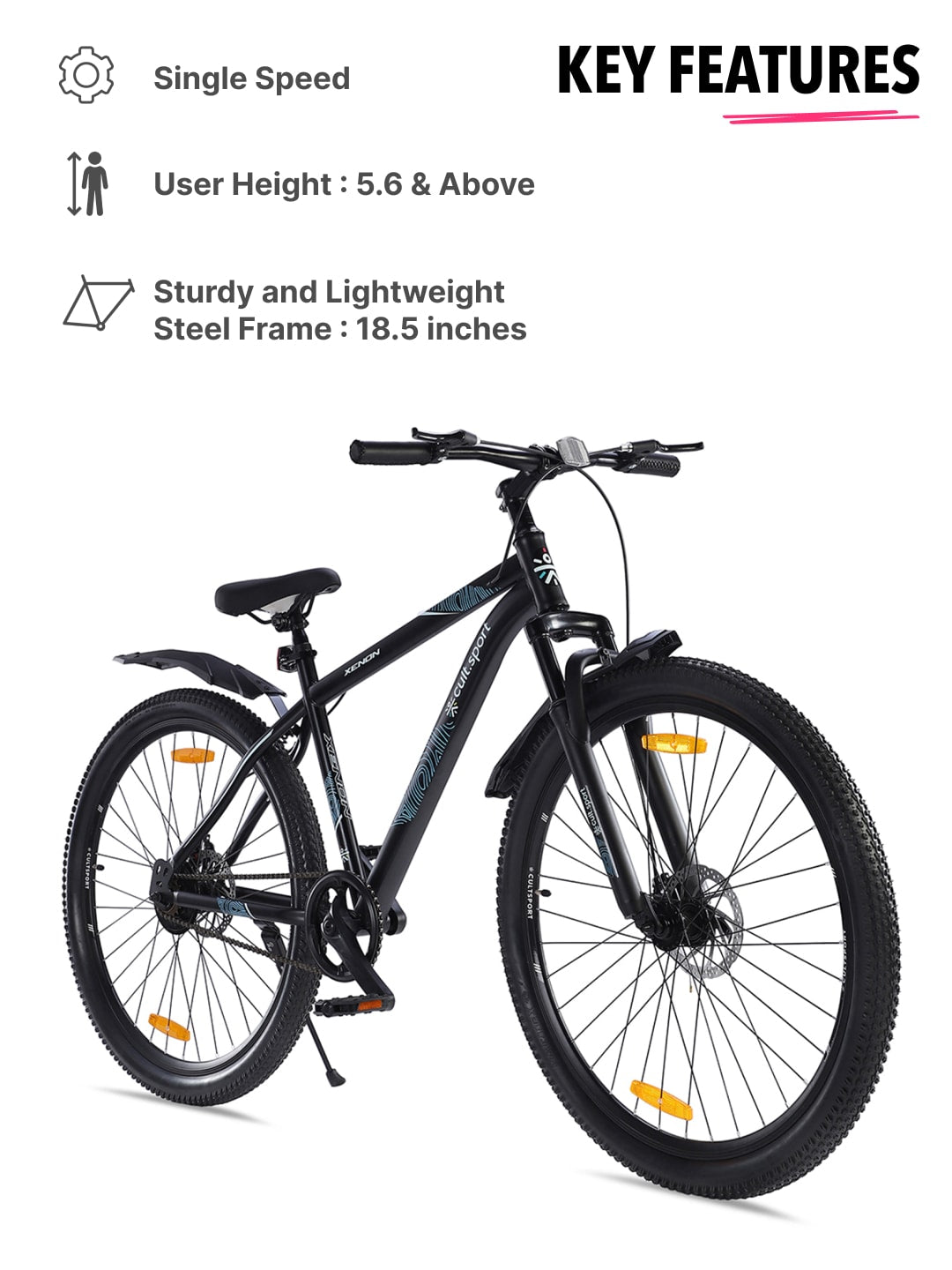 XENON29TBLACK Steel Single Speed 29 inch Mountain Cycle, Front Suspension and Double Wall Rim