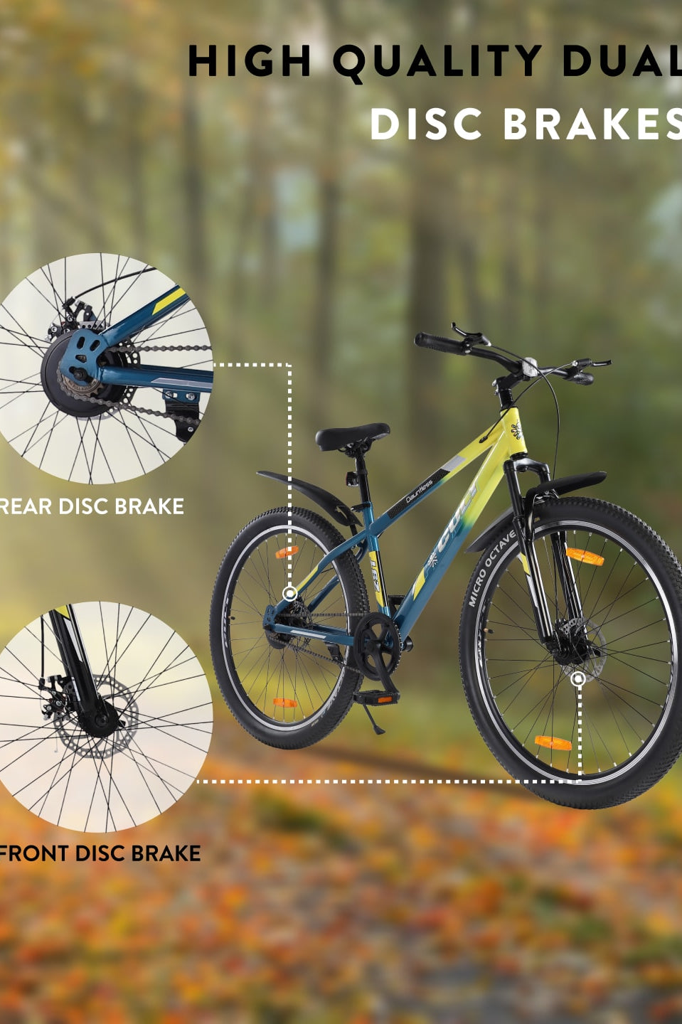 DAUNTLESS29TYELLOWBLUE Steel Single Speed 29 inch Mountain Cycle, Dual Disc Brake, Front Suspension, Double Wall Rim