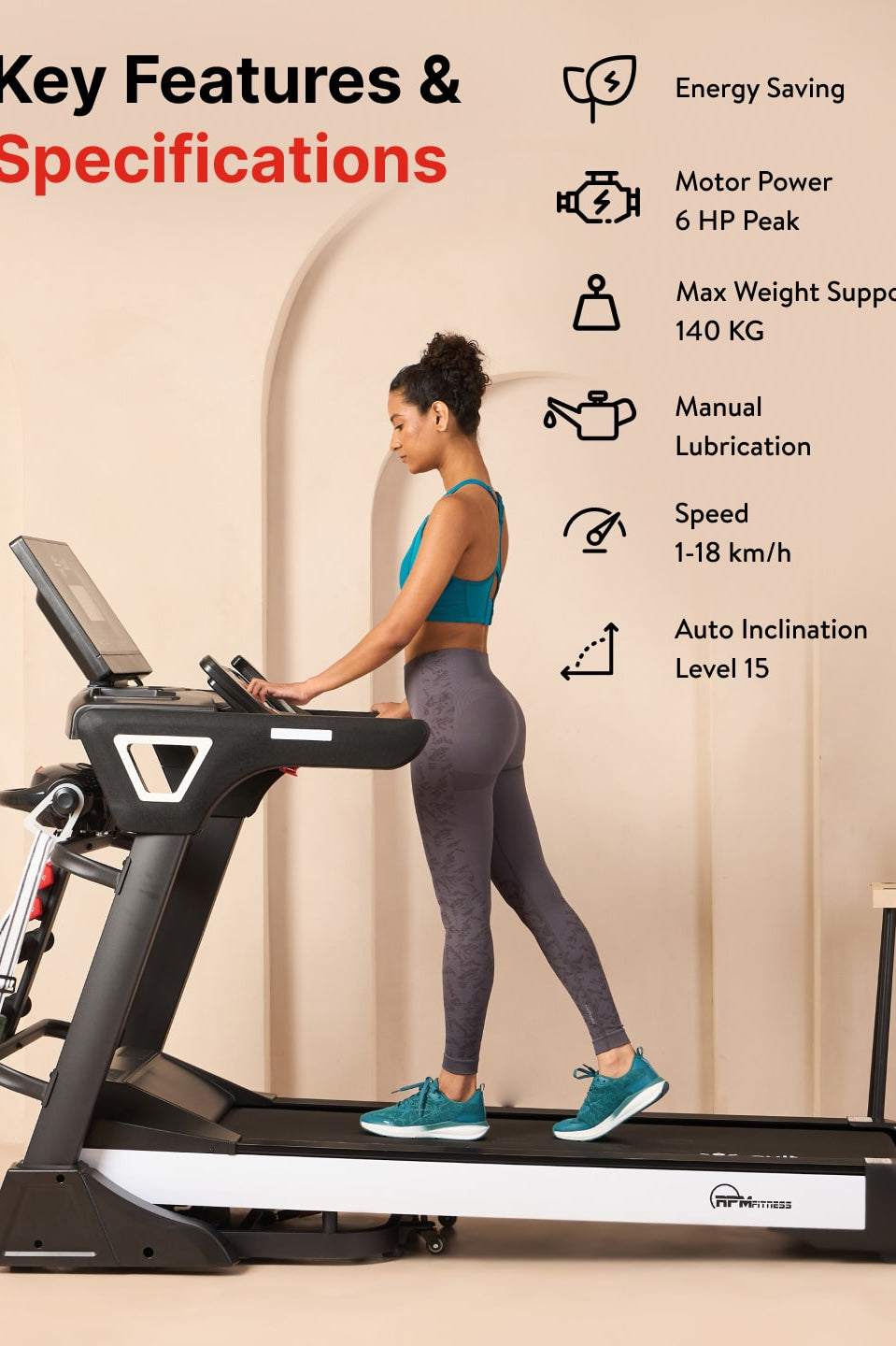 RPM Active1100DCM 6HP Peak Treadmill | 15-level Auto-Incline | Max Weight-140kg | Max Speed-18kmph (with 6 months extended warranty)